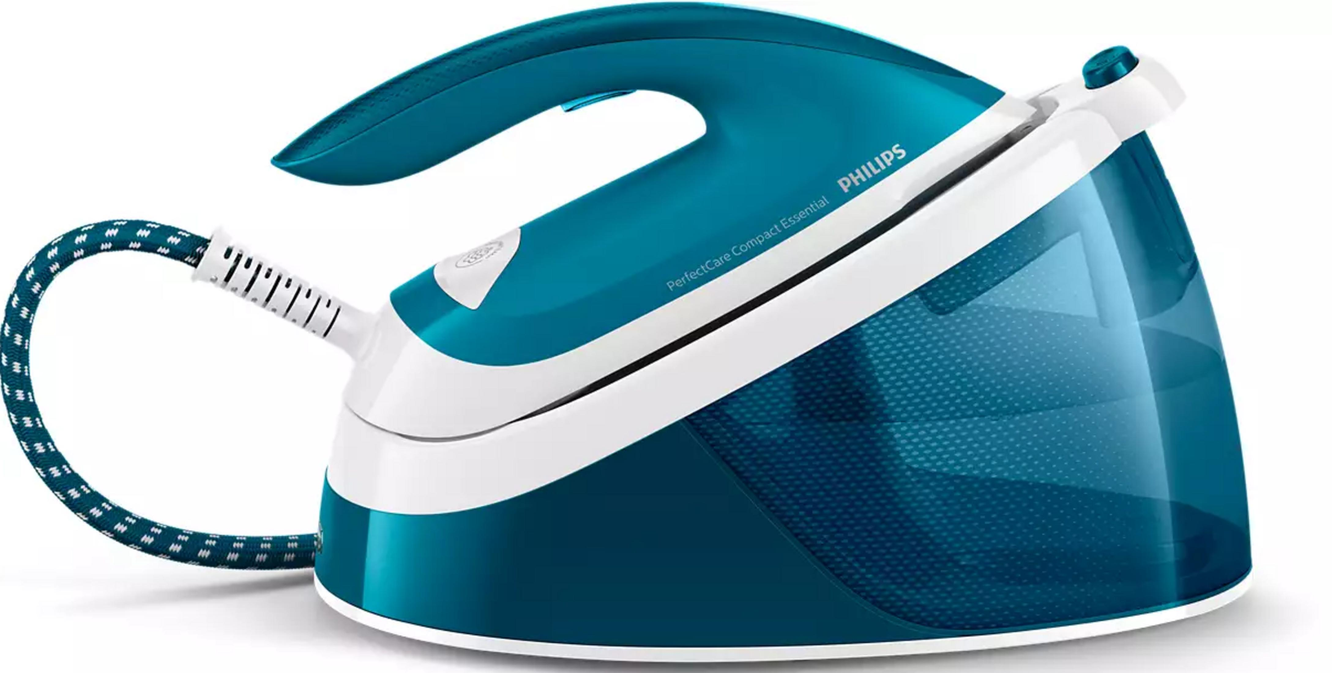 Un fer générateur de vapeur Philips PerfectCare Compact Essential bleu sarcelle.