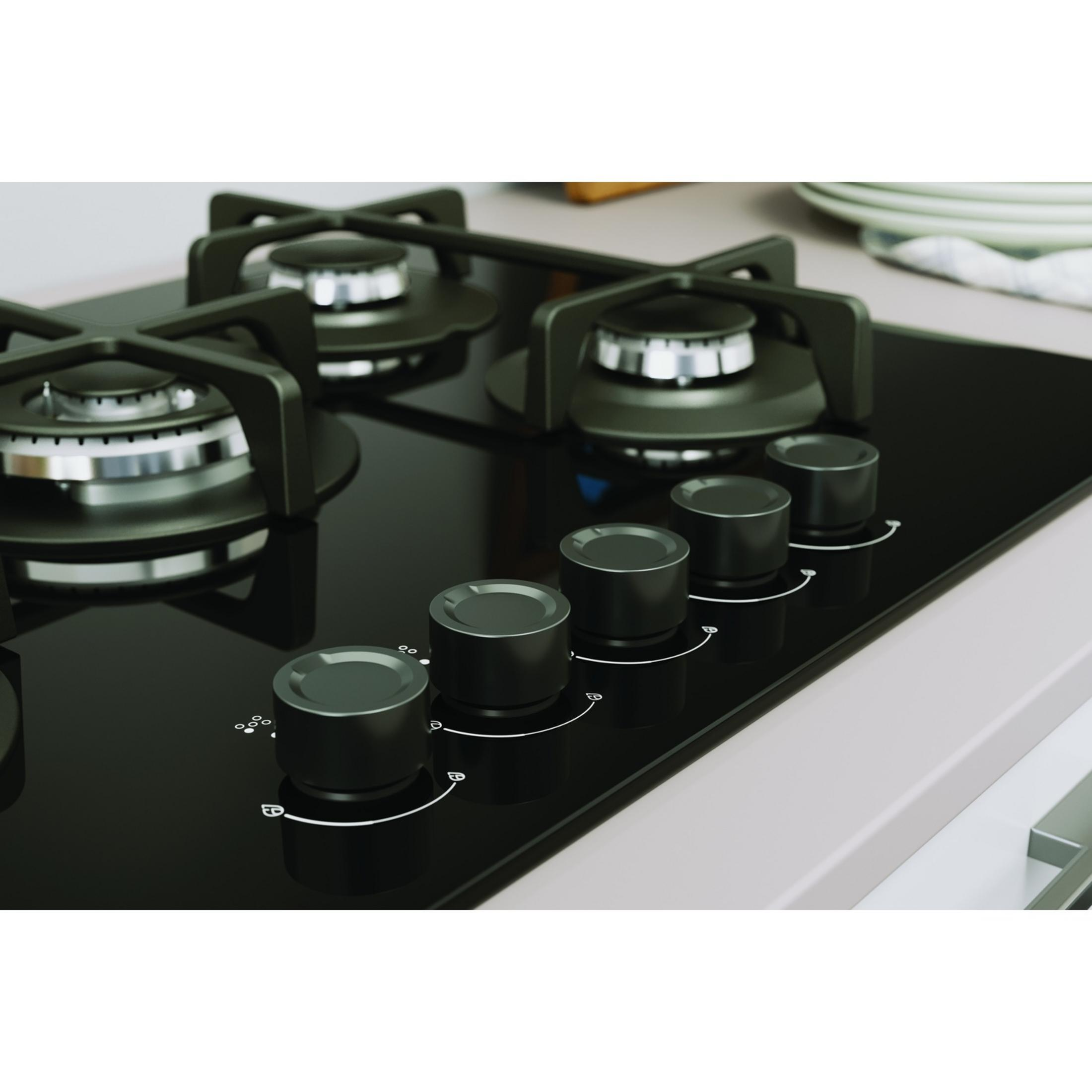 Czarna kuchenka gazowa z czterema palnikami i pokrętłami na gładkiej powierzchni.