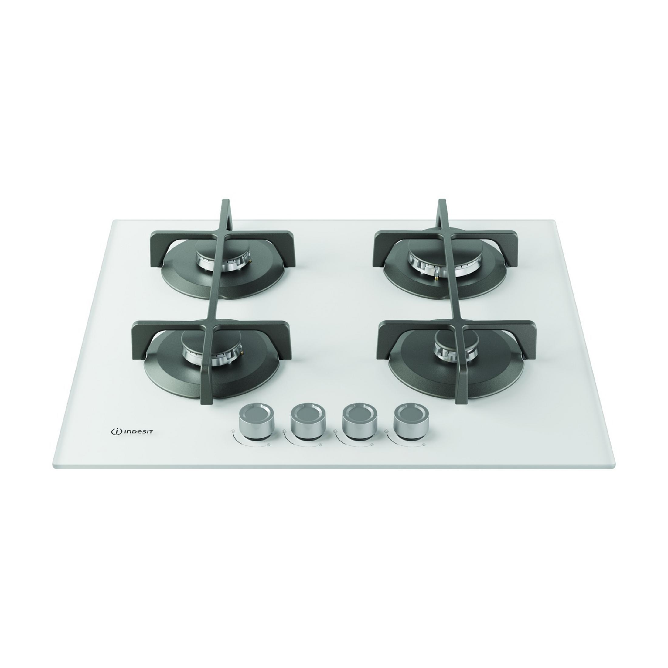 Biała szklana płyta gazowa z czterema palnikami i srebrnymi pokrętłami.