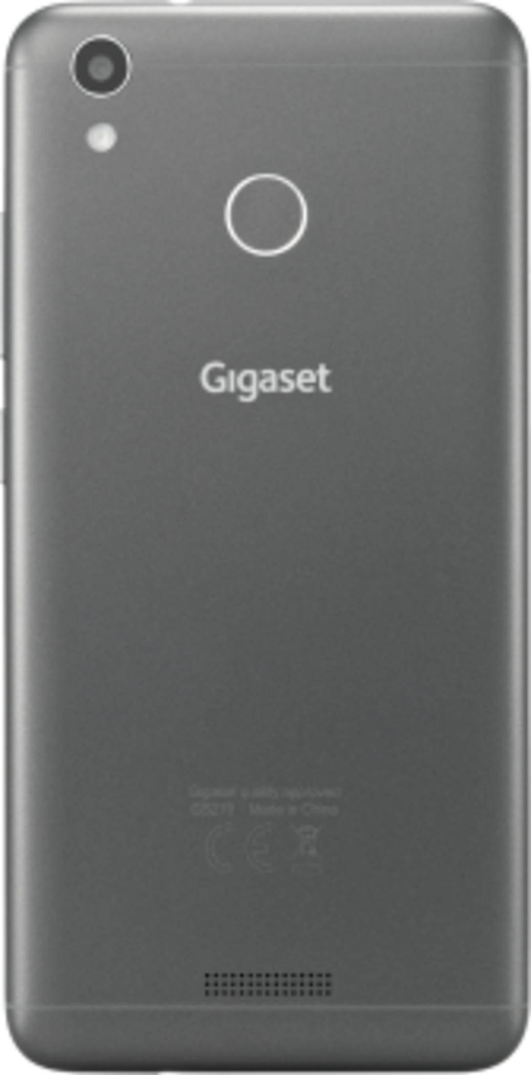 Graues Gigaset Smartphone mit Kamera, Fingerabdrucksensor und Lautsprecher.