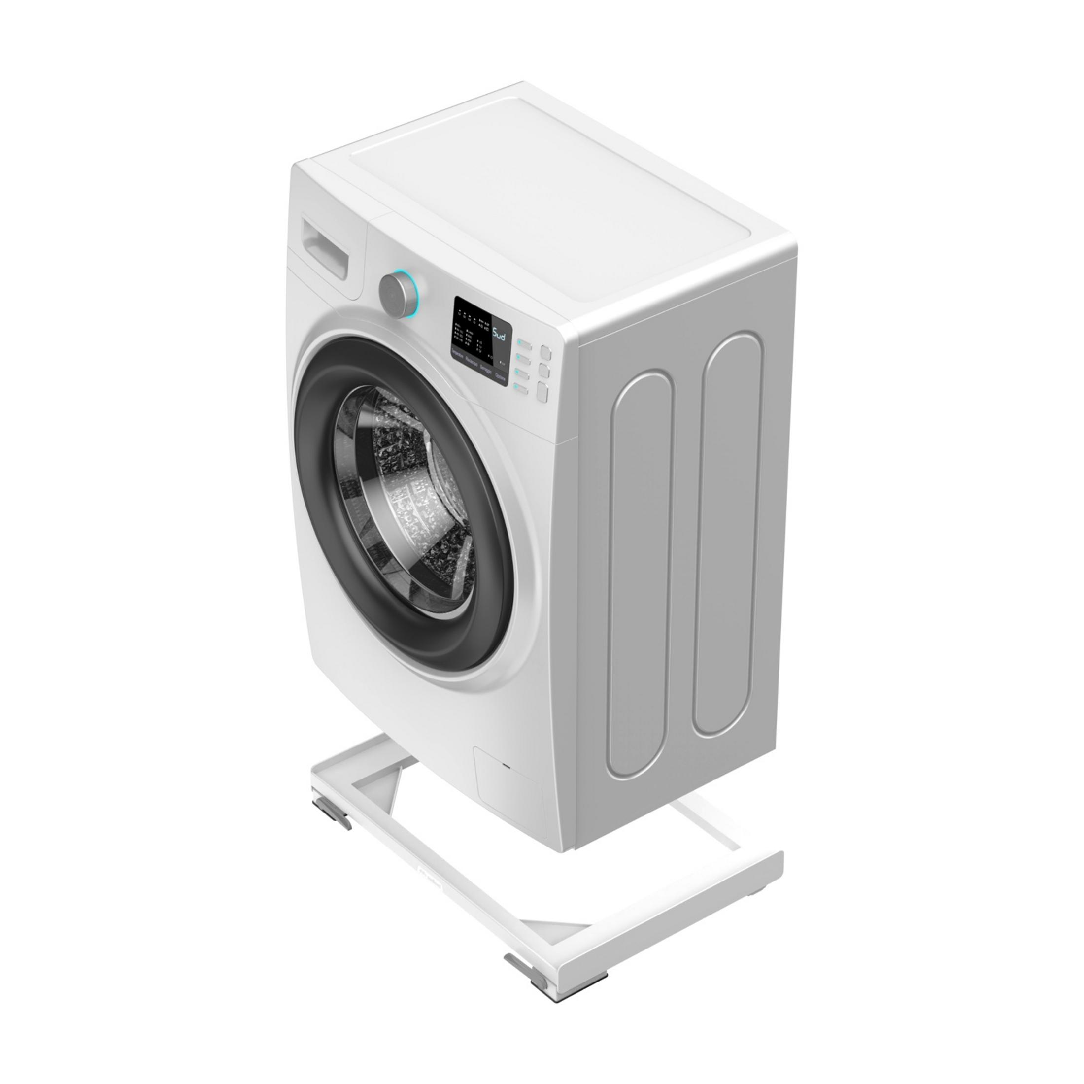 Biała pralka stoi na białej podstawie.