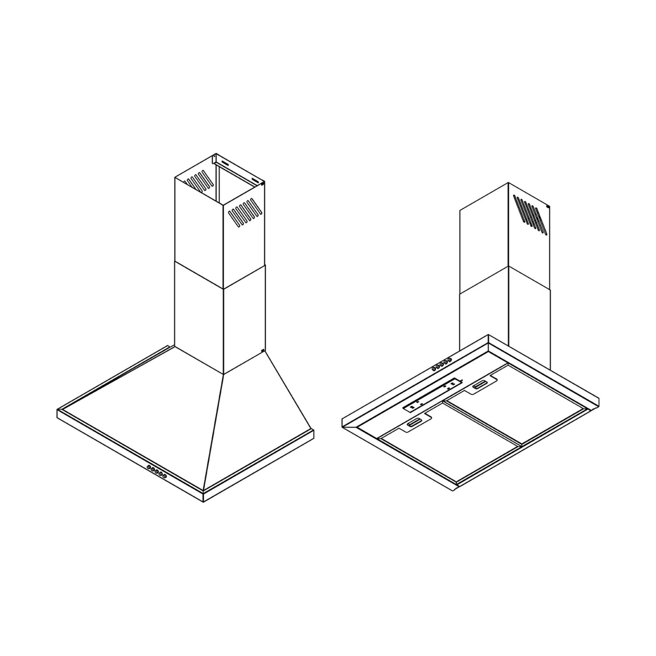 Two range hoods shown from front and back. Both have chimneys.