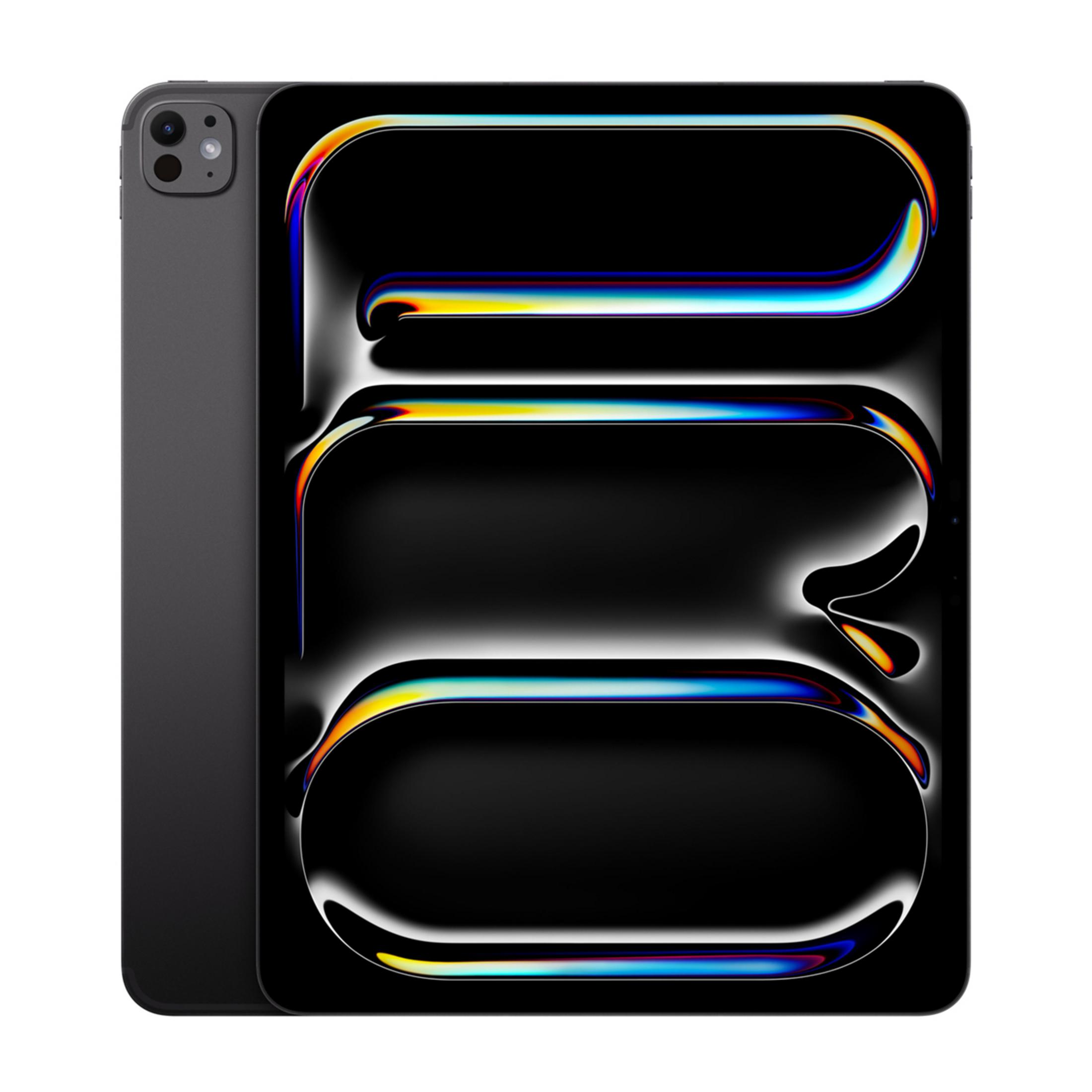 Un tablet scuro con uno schermo di sfondo astratto e colorato.