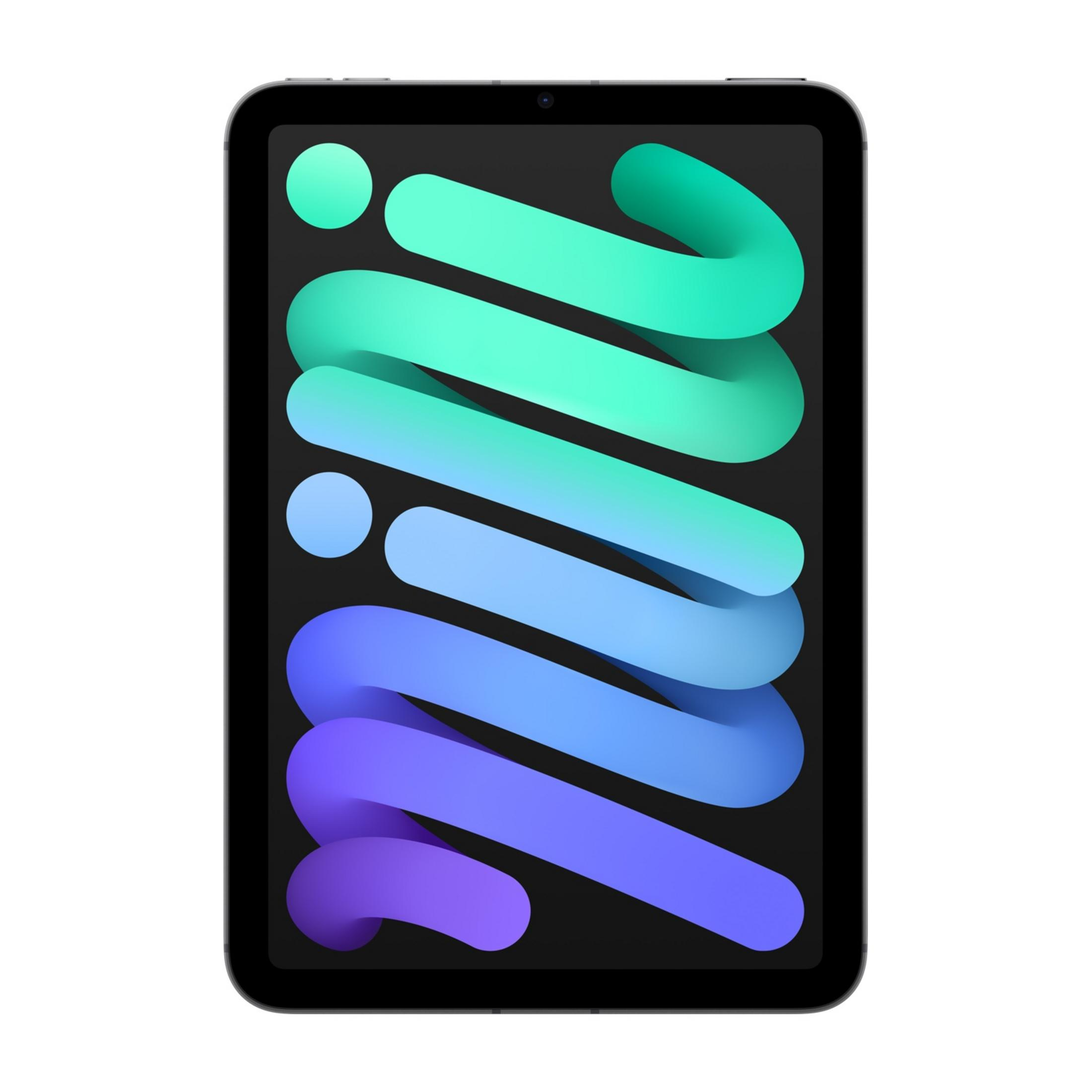 Szary tablet z ciemnym ekranem wyświetlającym abstrakcyjne, kolorowe wstążki.