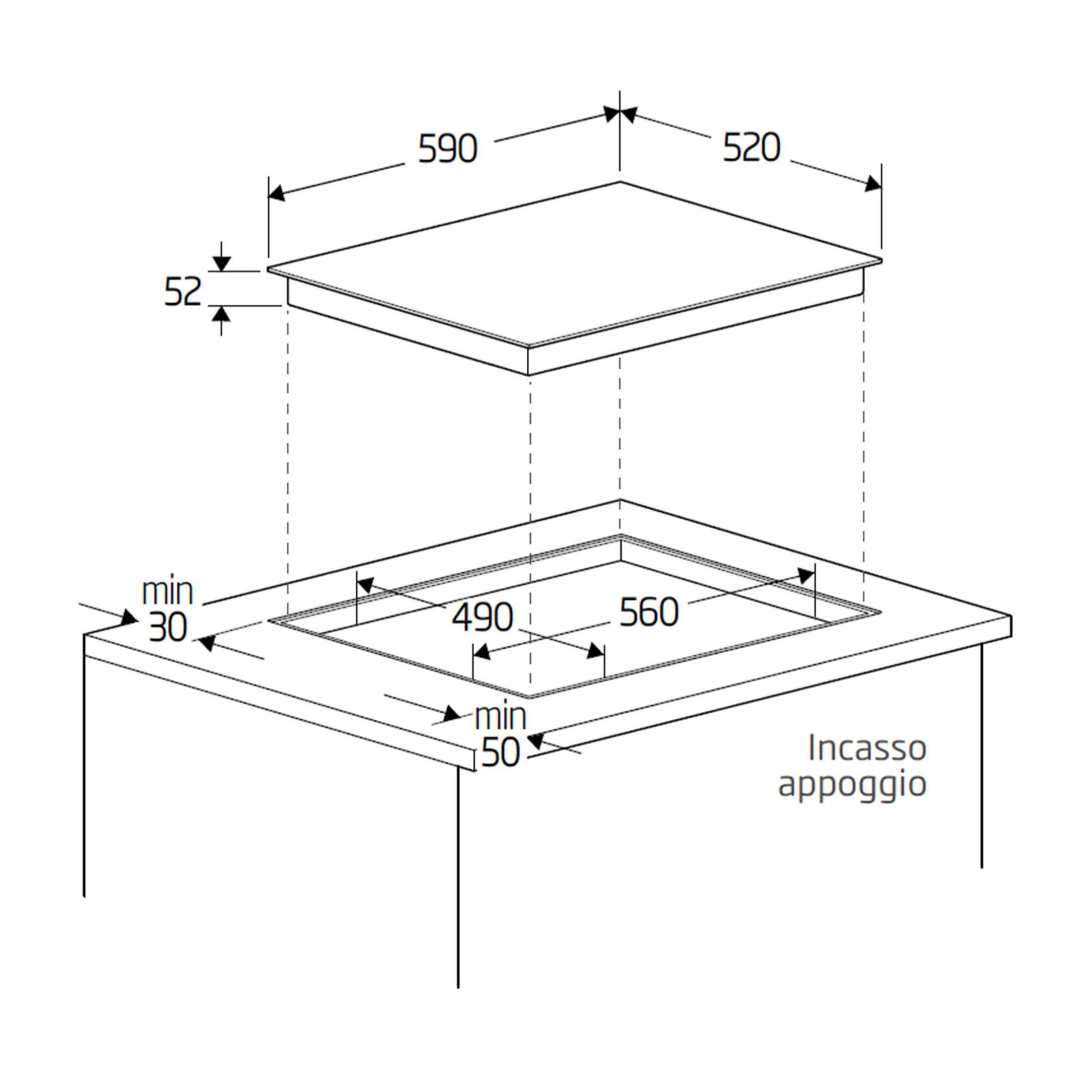 Rysunek techniczny płyty grzewczej wymiary 590x520mm, wysokość 52mm.