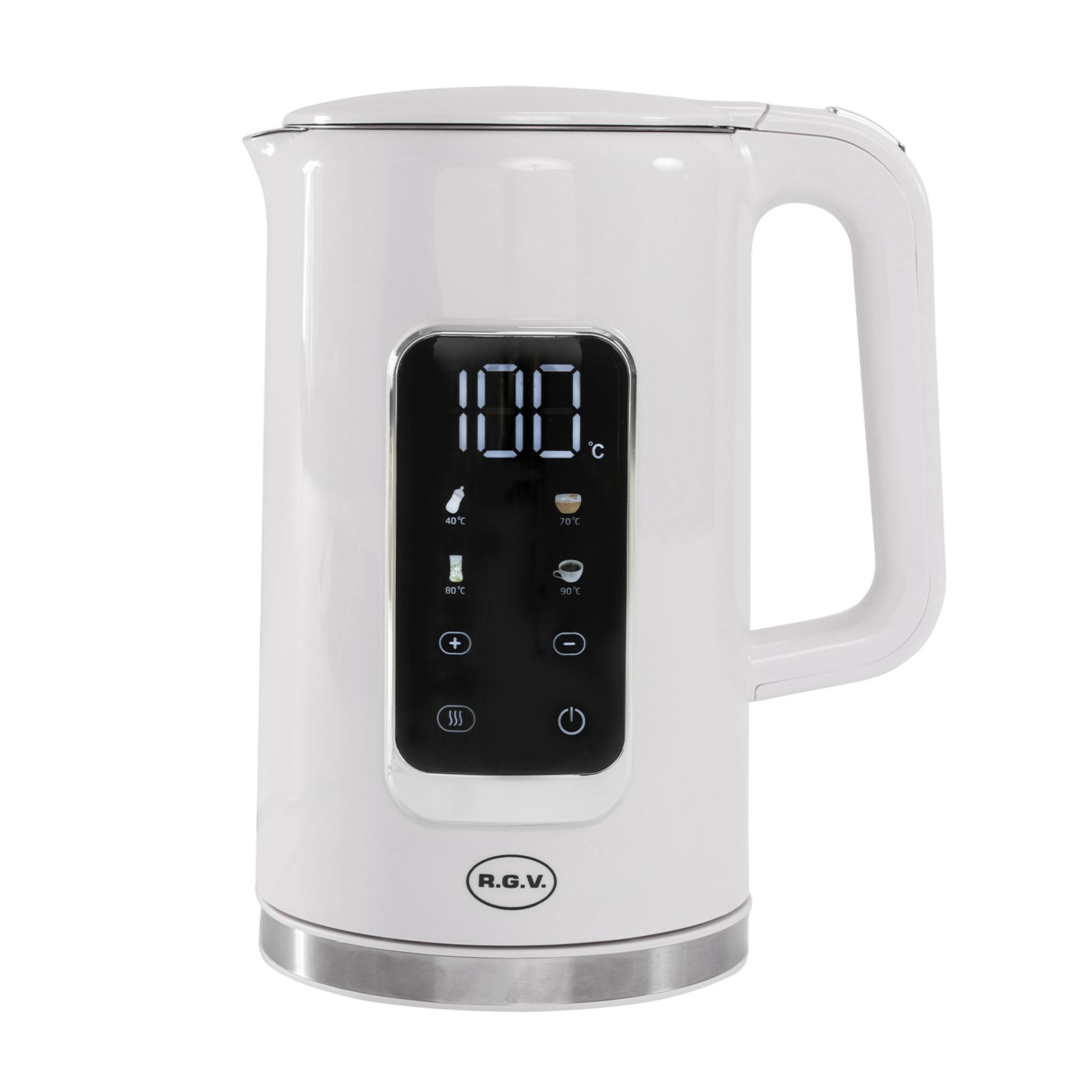 Biay czajnik elektryczny z cyfrowym wywietlaczem pokazujcym 100 stopni Celsjusza.