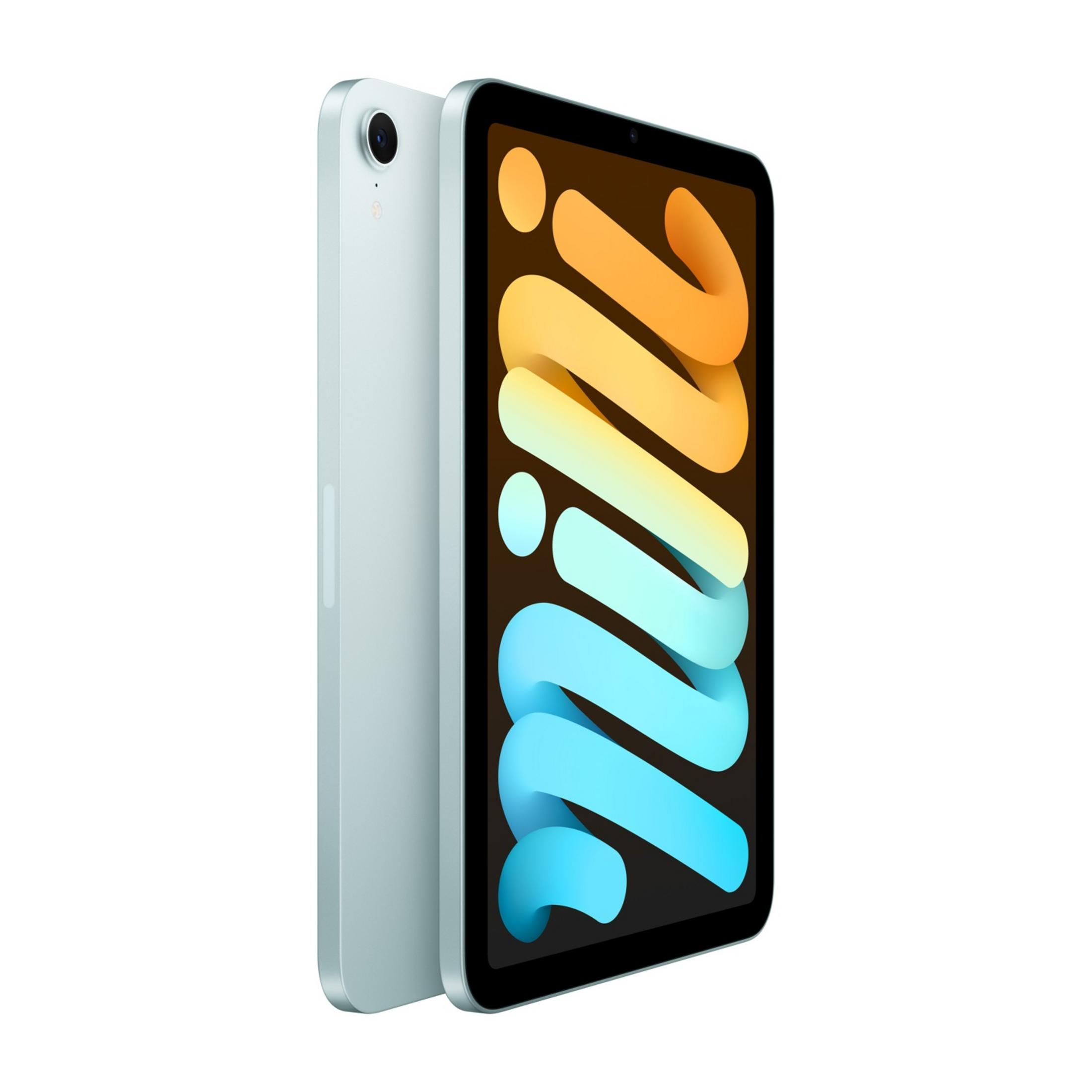 Jasnoniebieski iPad Mini z kolorowym falistym tłem na ekranie.