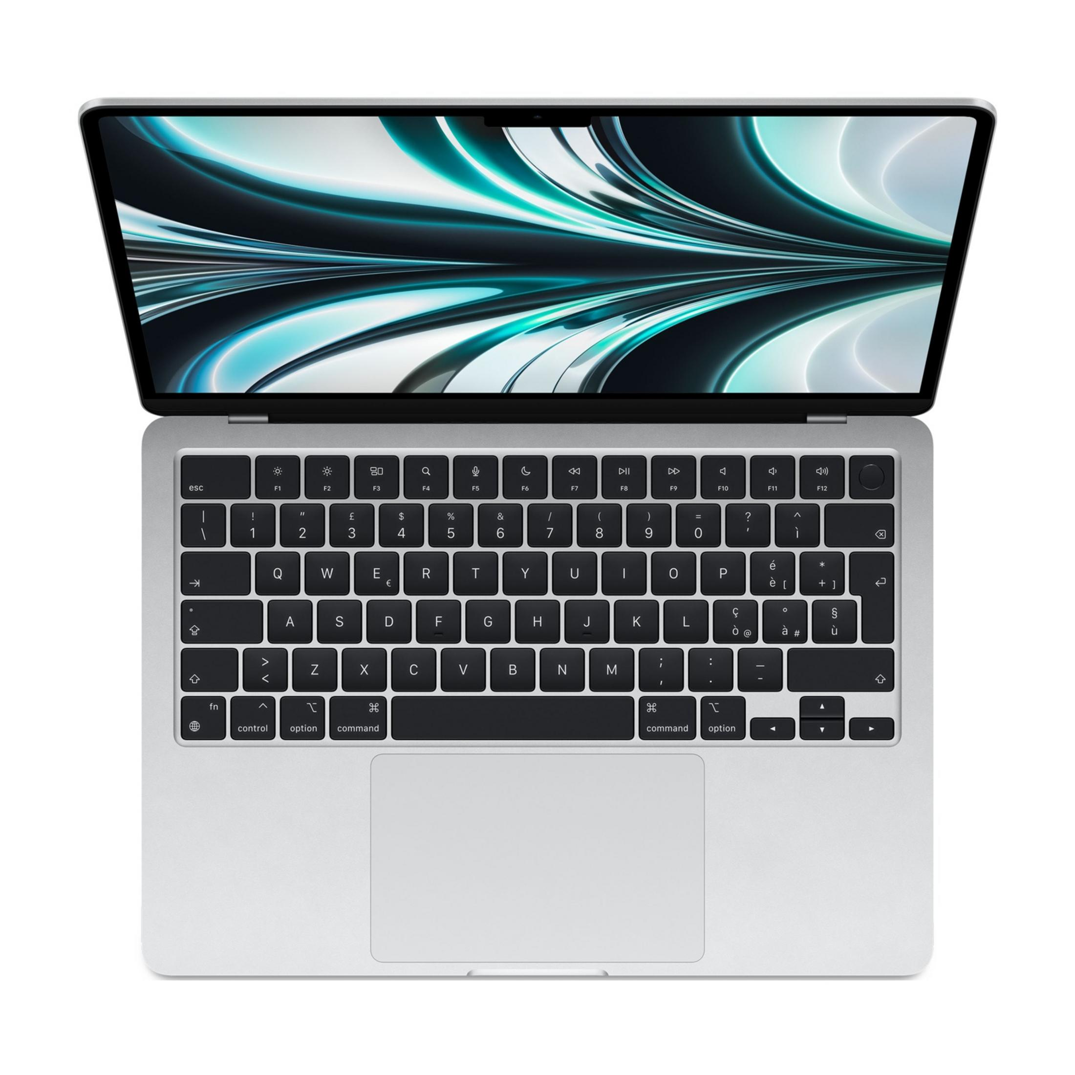 Un laptop argento con lo schermo aperto, che mostra un motivo astratto.