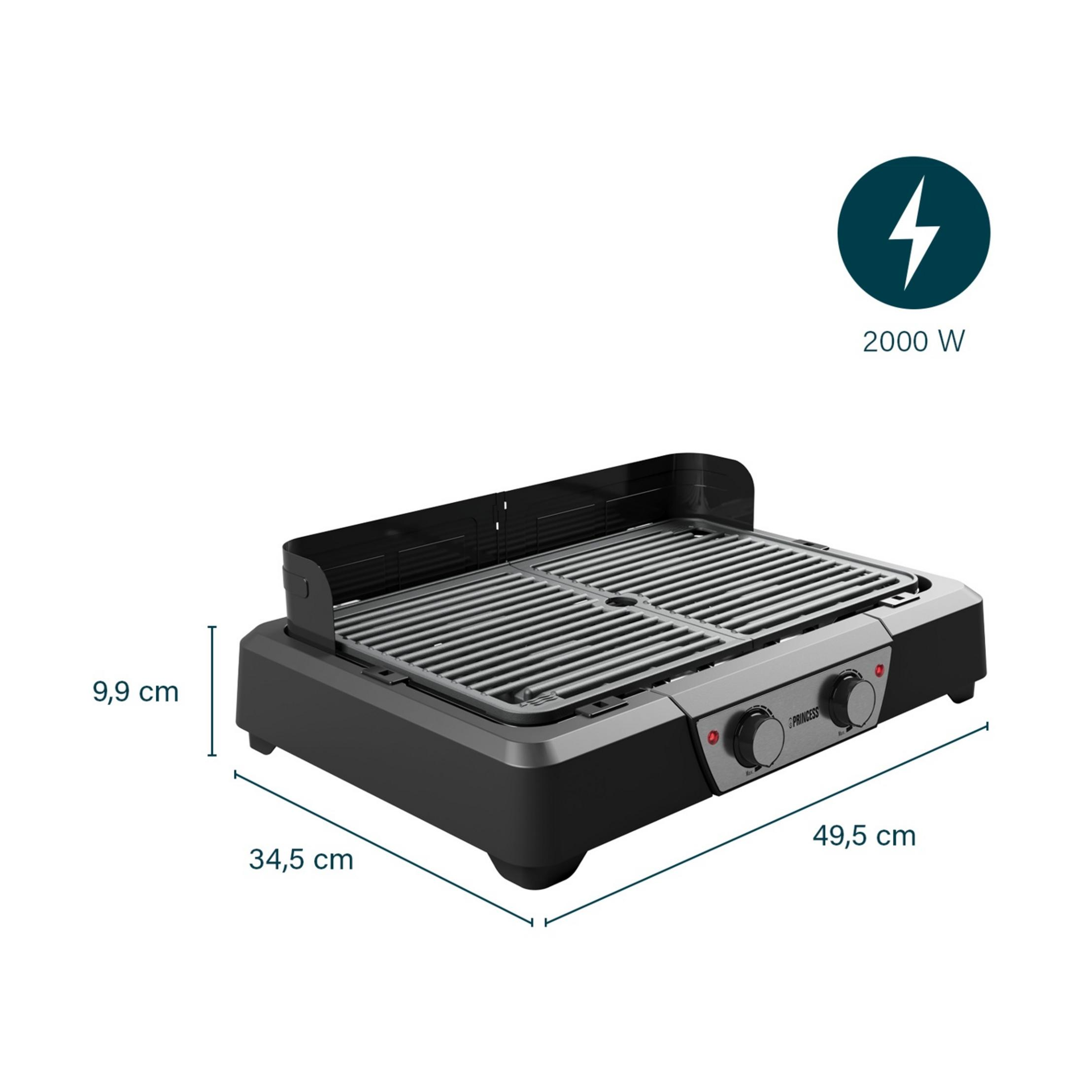 Parrilla eléctrica de 2000W. Dimensiones: 49,5x34,5x9,9 cm.