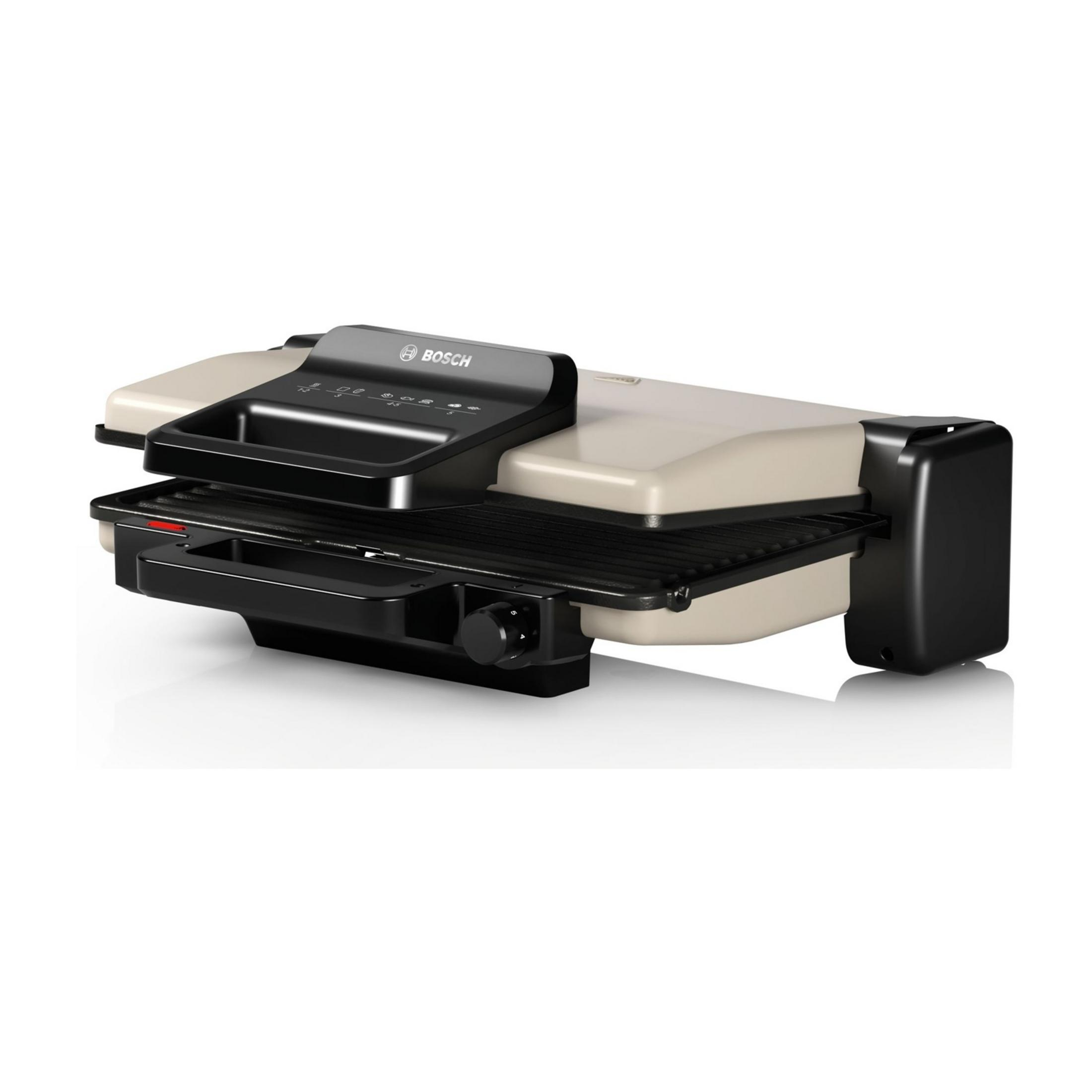 Ein offener Sandwichtoaster mit beigefarbener Auenseite und schwarzem Griff.