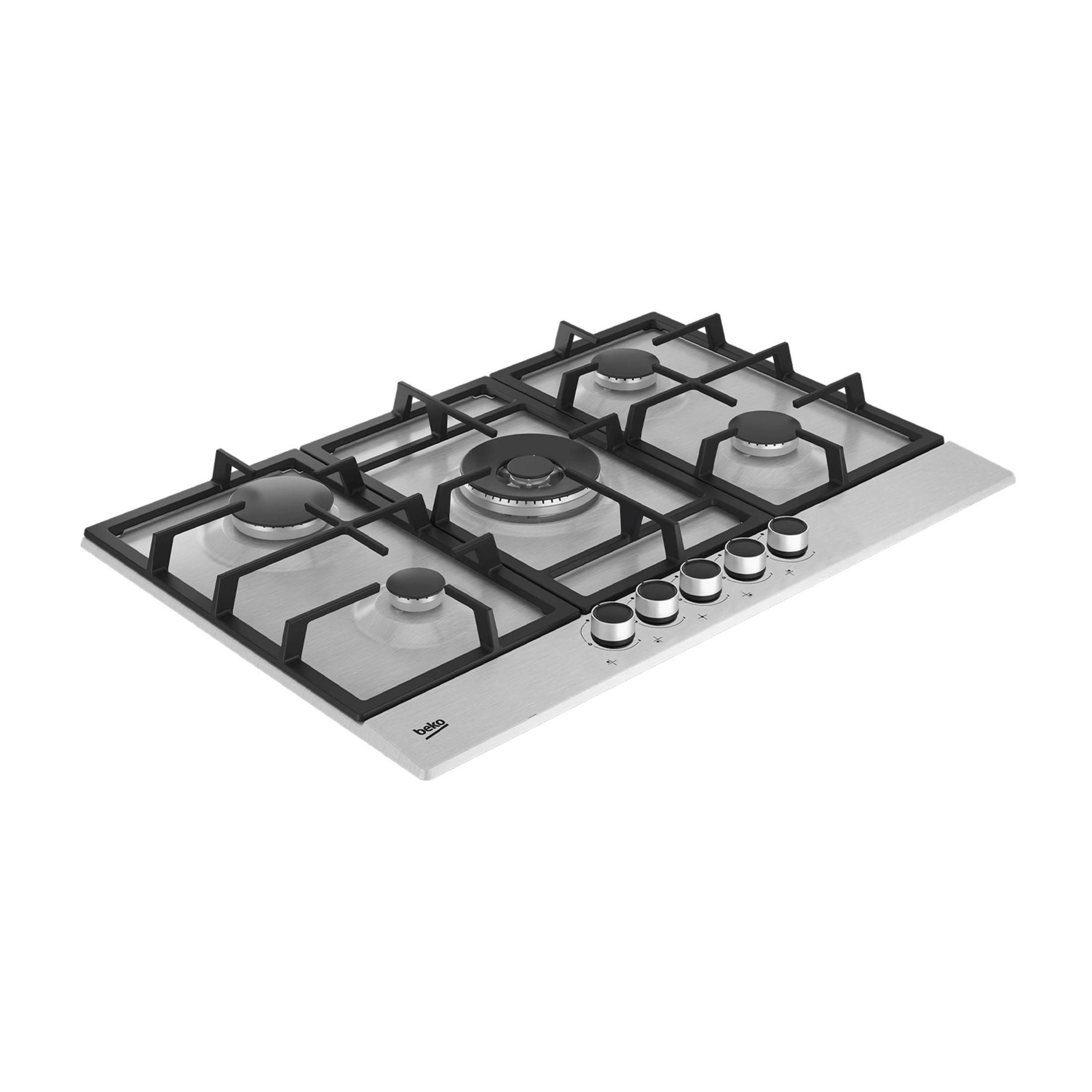 Nowoczesna płyta gazowa z pięcioma palnikami i srebrnymi pokrętłami.