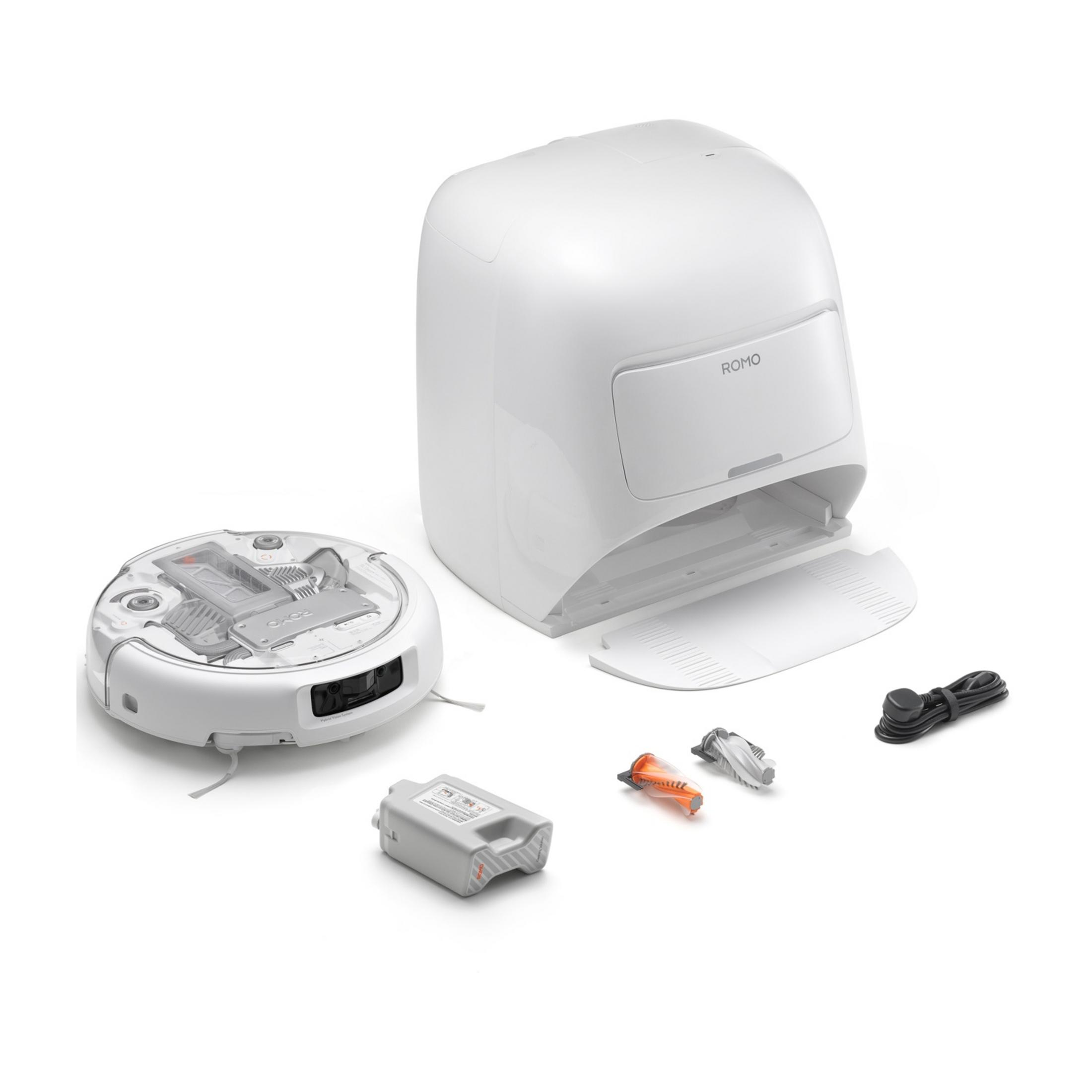 Biały robot sprzątający z akcesoriami, w tym stacją ładującą i częściami zamiennymi.