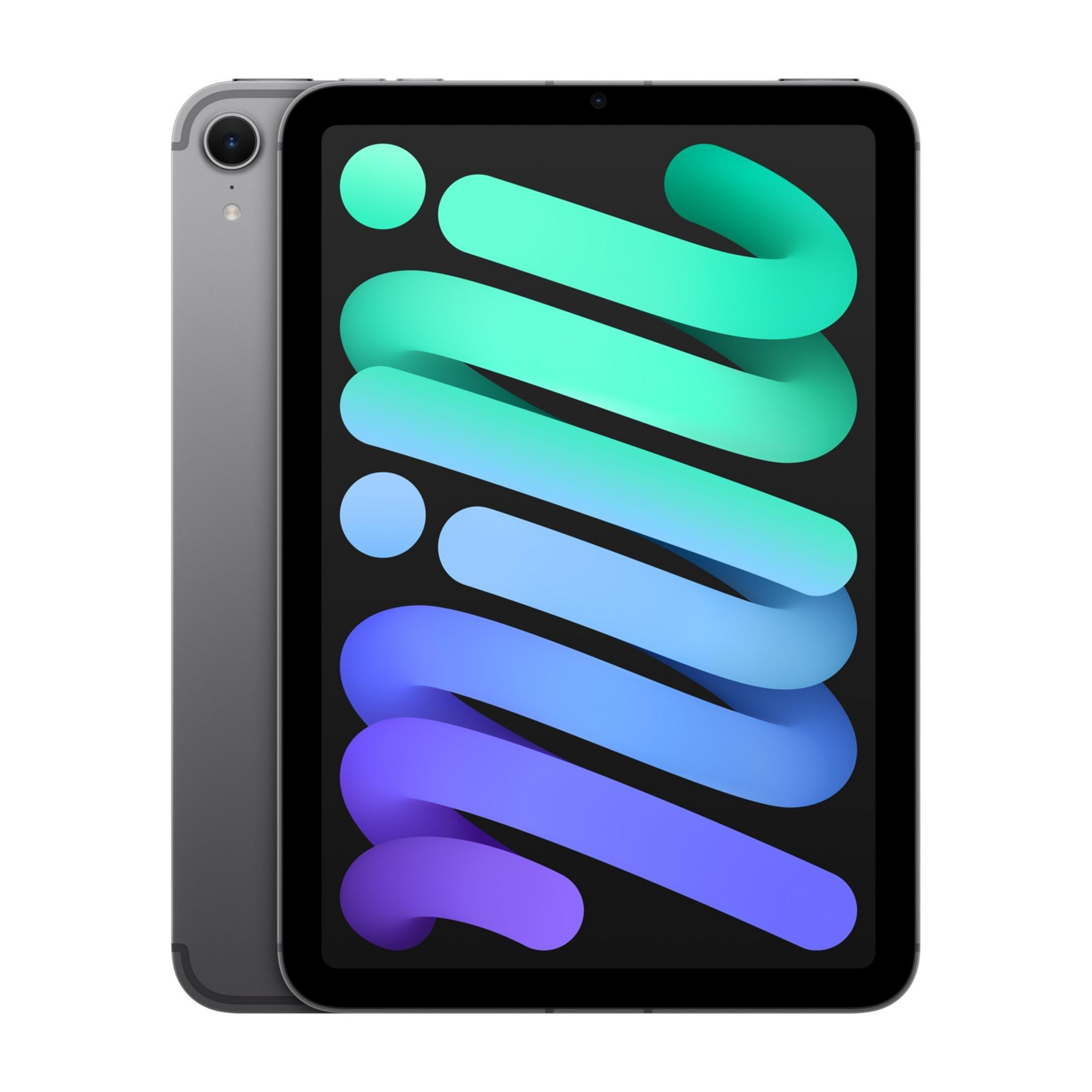 Graues Tablet mit Farbverlauf-Hintergrundbild. Weiße Fläche rechts.