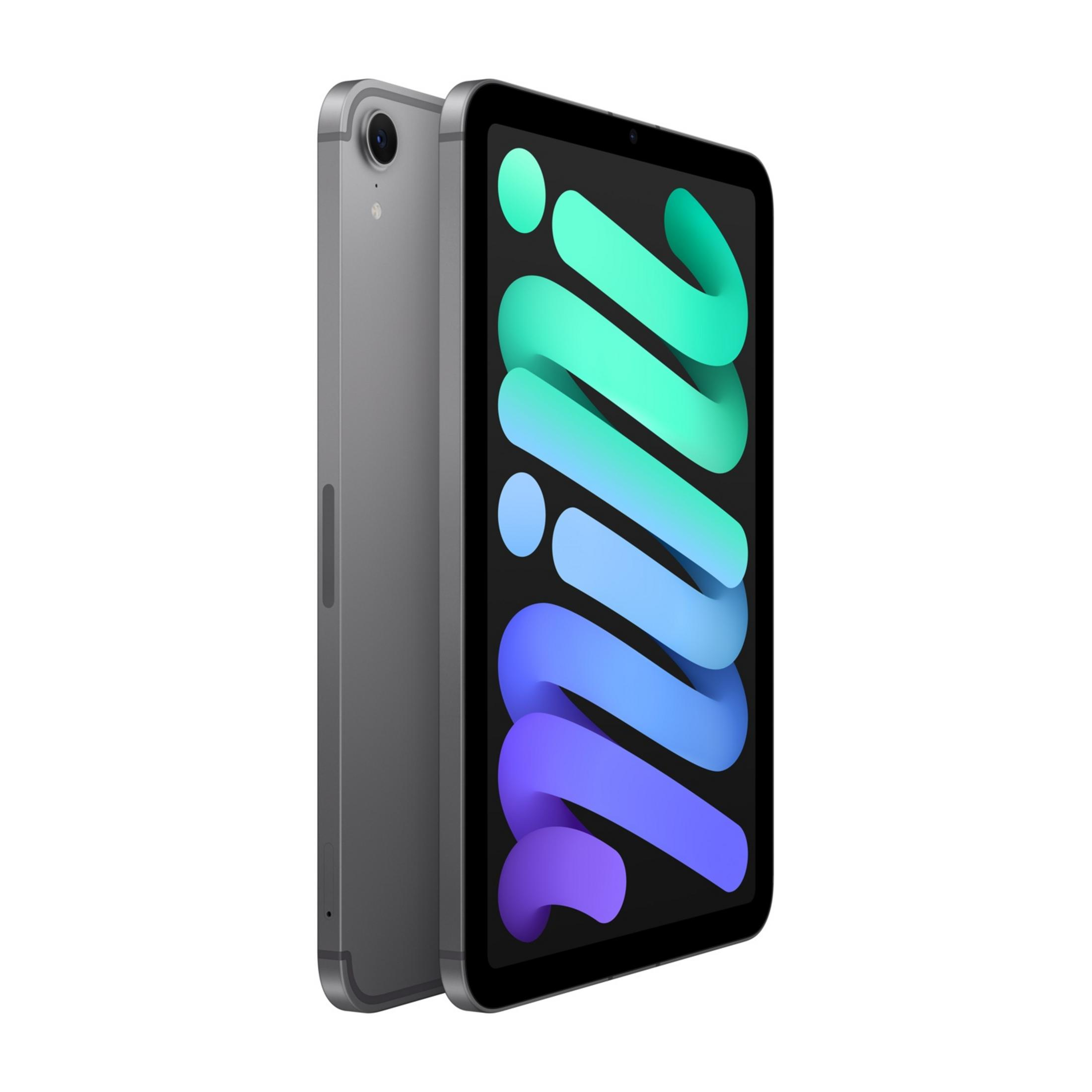 Ein graues iPad Mini mit einem bunten Hintergrund auf dem Bildschirm.