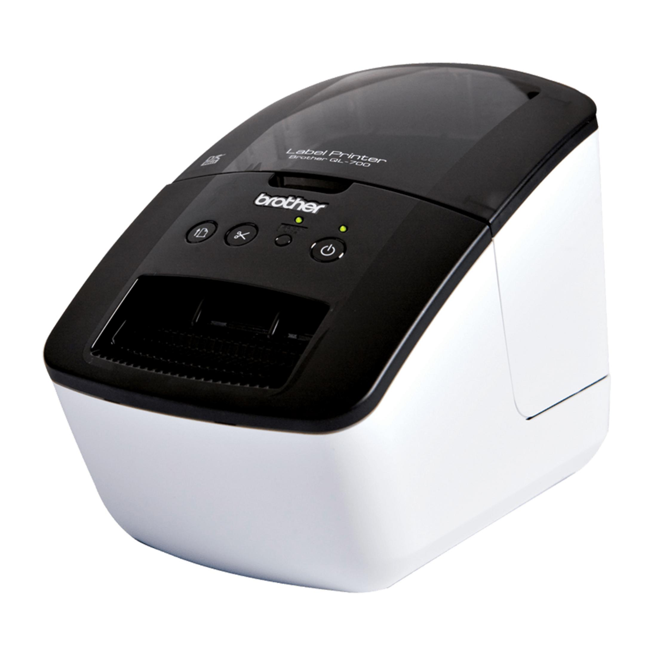 Una impresora de etiquetas Brother QL-700 en blanco y negro.