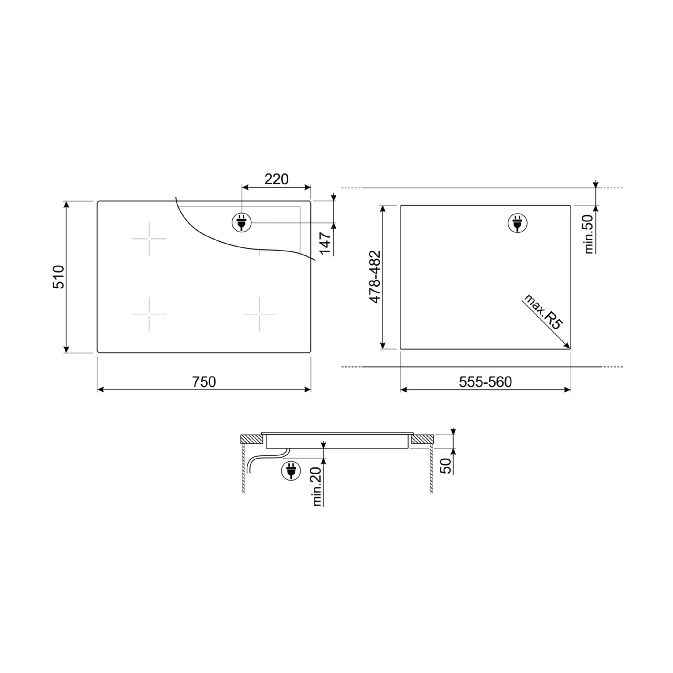 Dibujo técnico de una placa de cocina con dimensiones y símbolo de conexión.