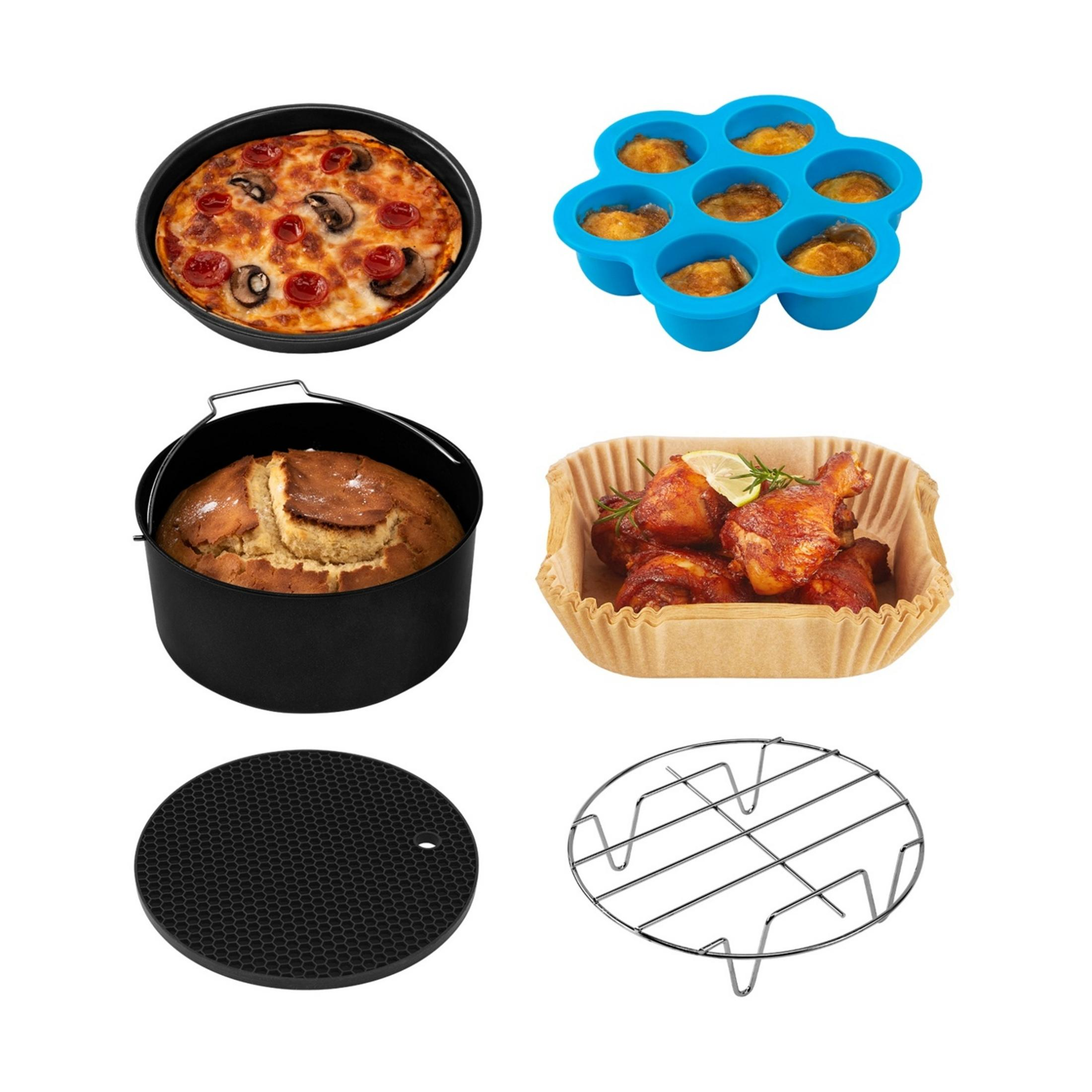 Un set de cocina con pizza, pastel, pollo, molde de silicona, rejilla y tapete.