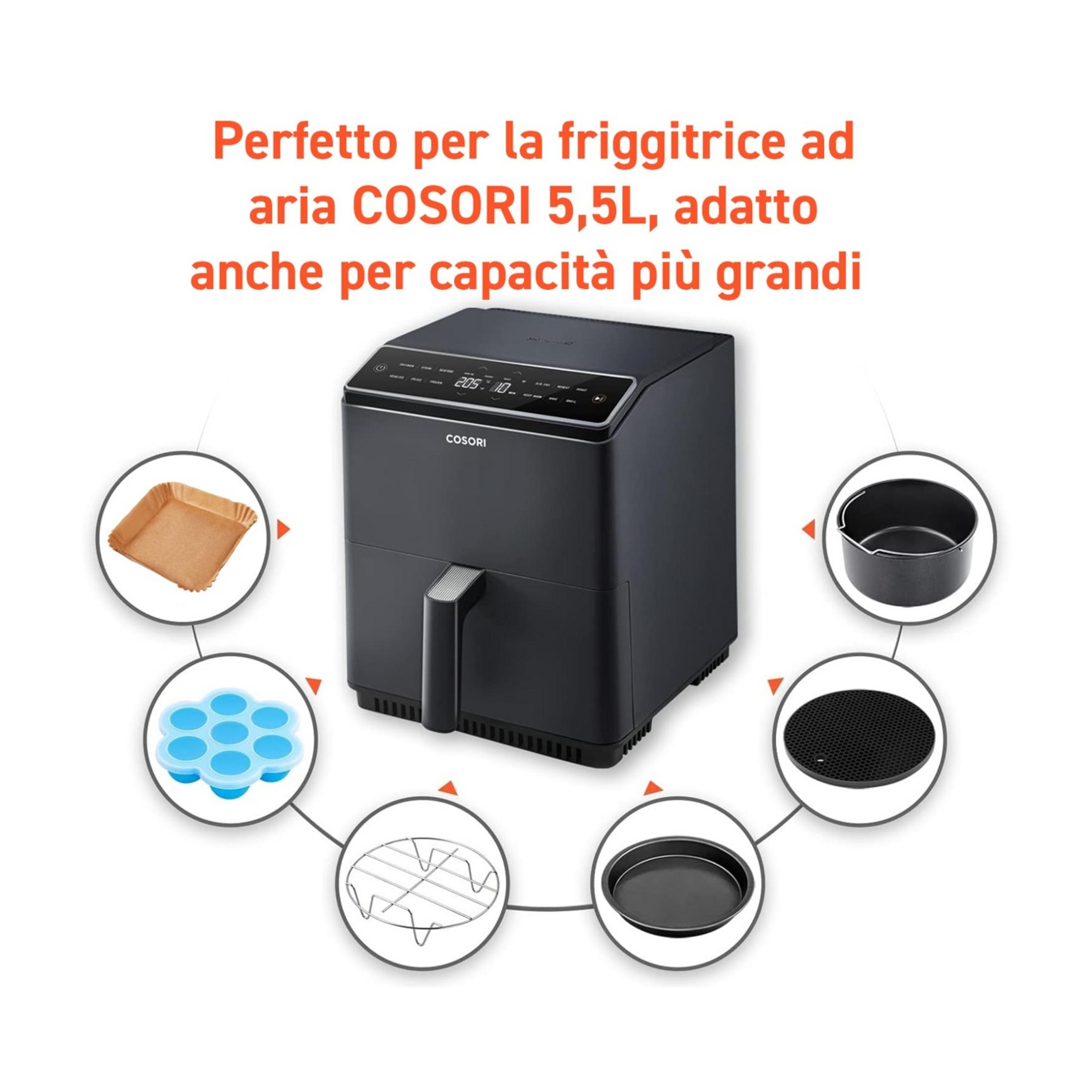 Freidora de aire negra con accesorios: papelera, molde para pastel, rejilla, moldes silicona.