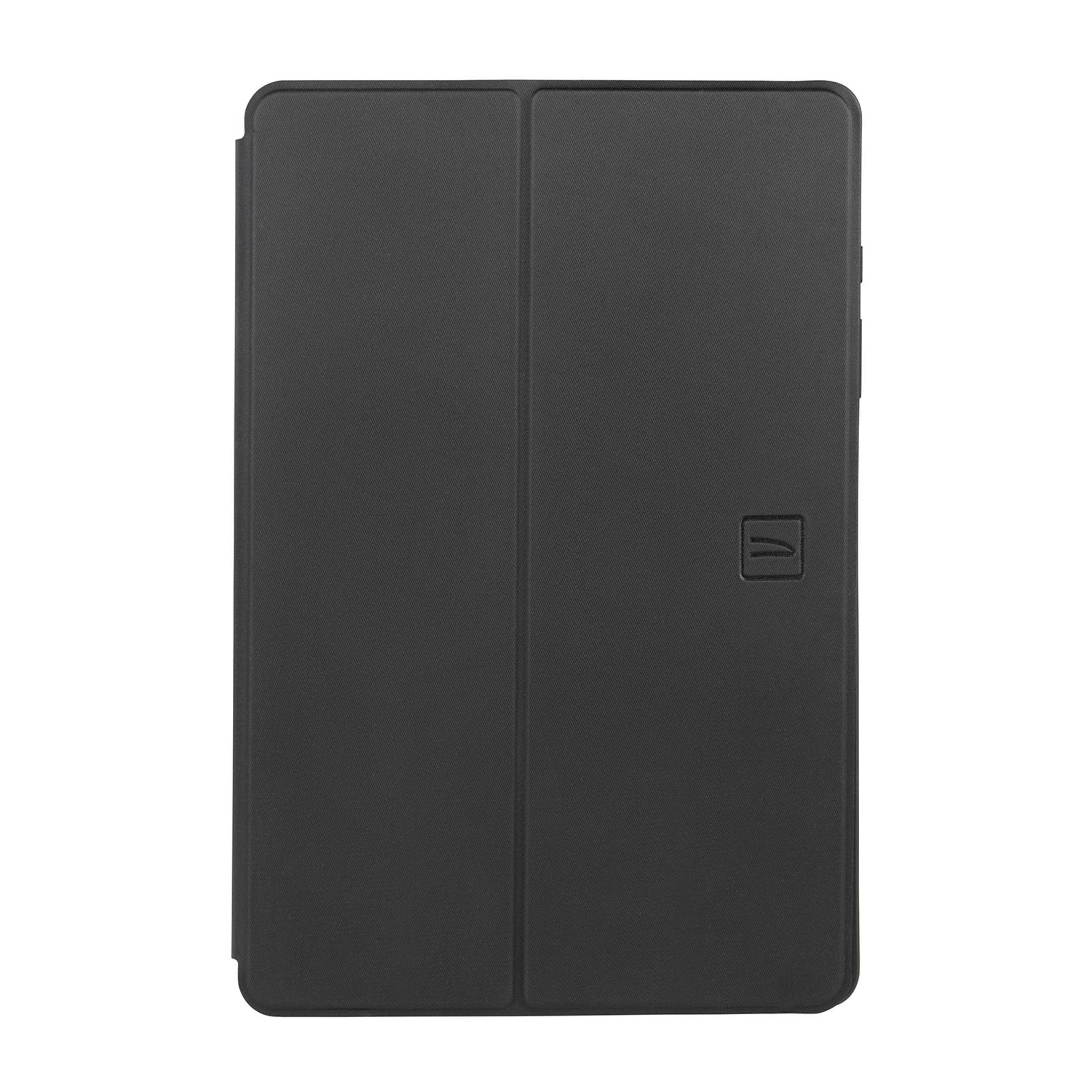 Schwarzer Tablet-Ständer mit zwei Faltklappen und einem eingeprägten Logo.