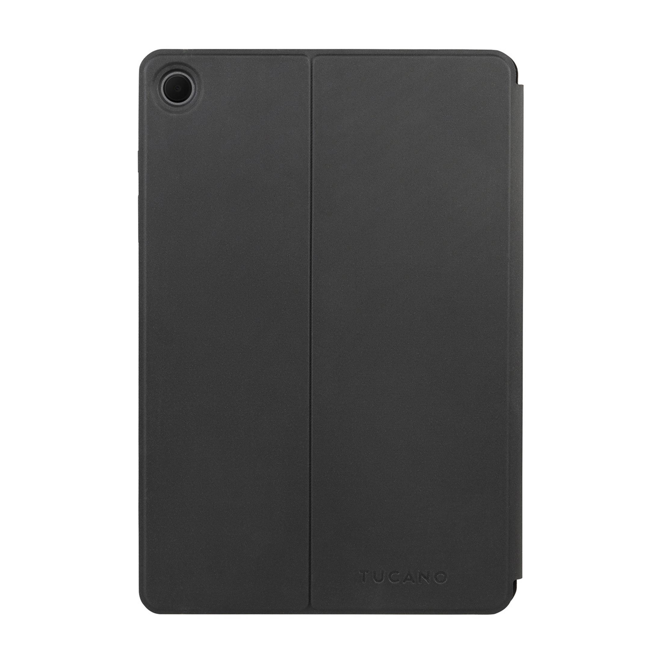 Schwarzes Tablet-Cover mit gefaltetem Klappdeckel und Kameraaussparung.