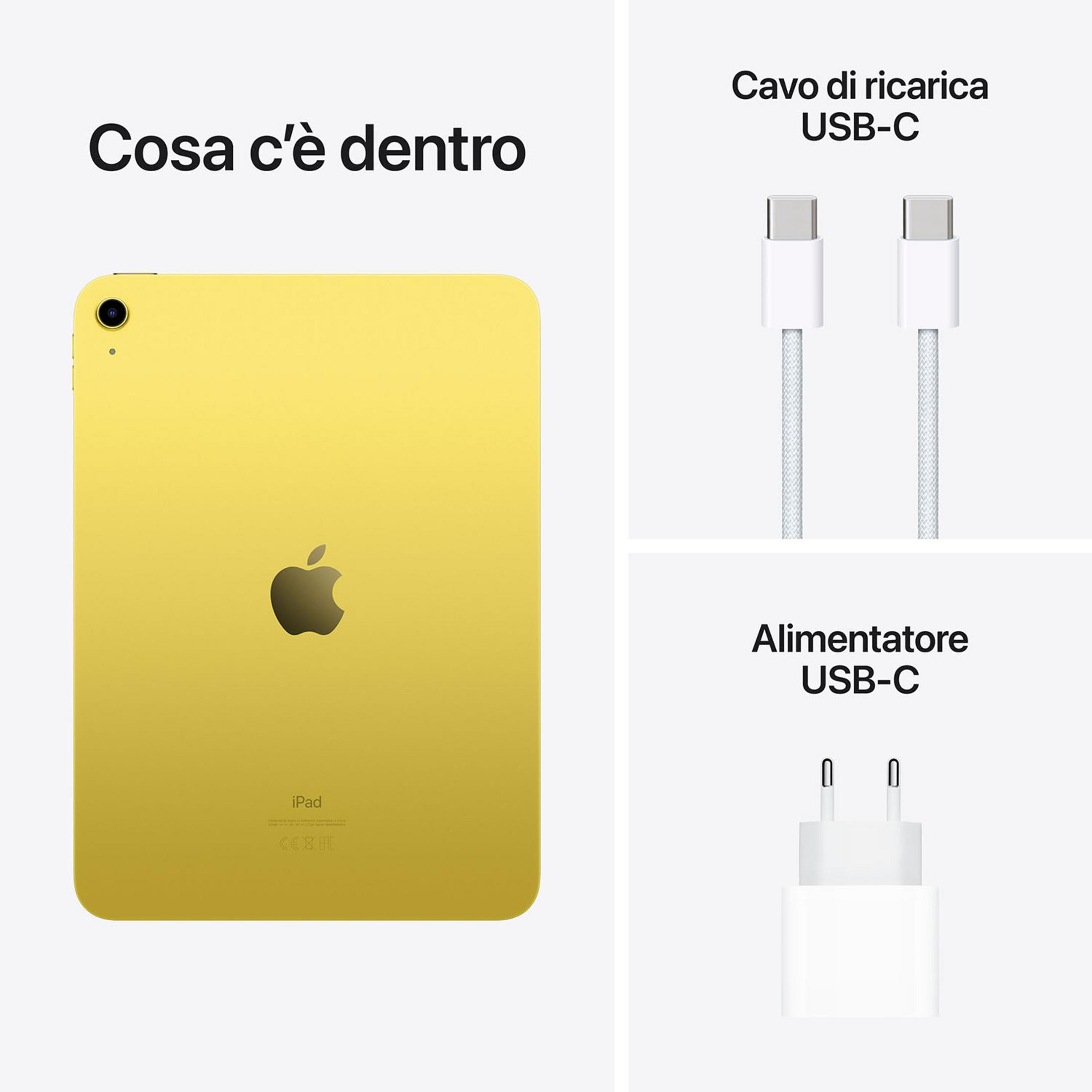 Żółty iPad z logo Apple, kablem ładującym USB-C i zasilaczem.