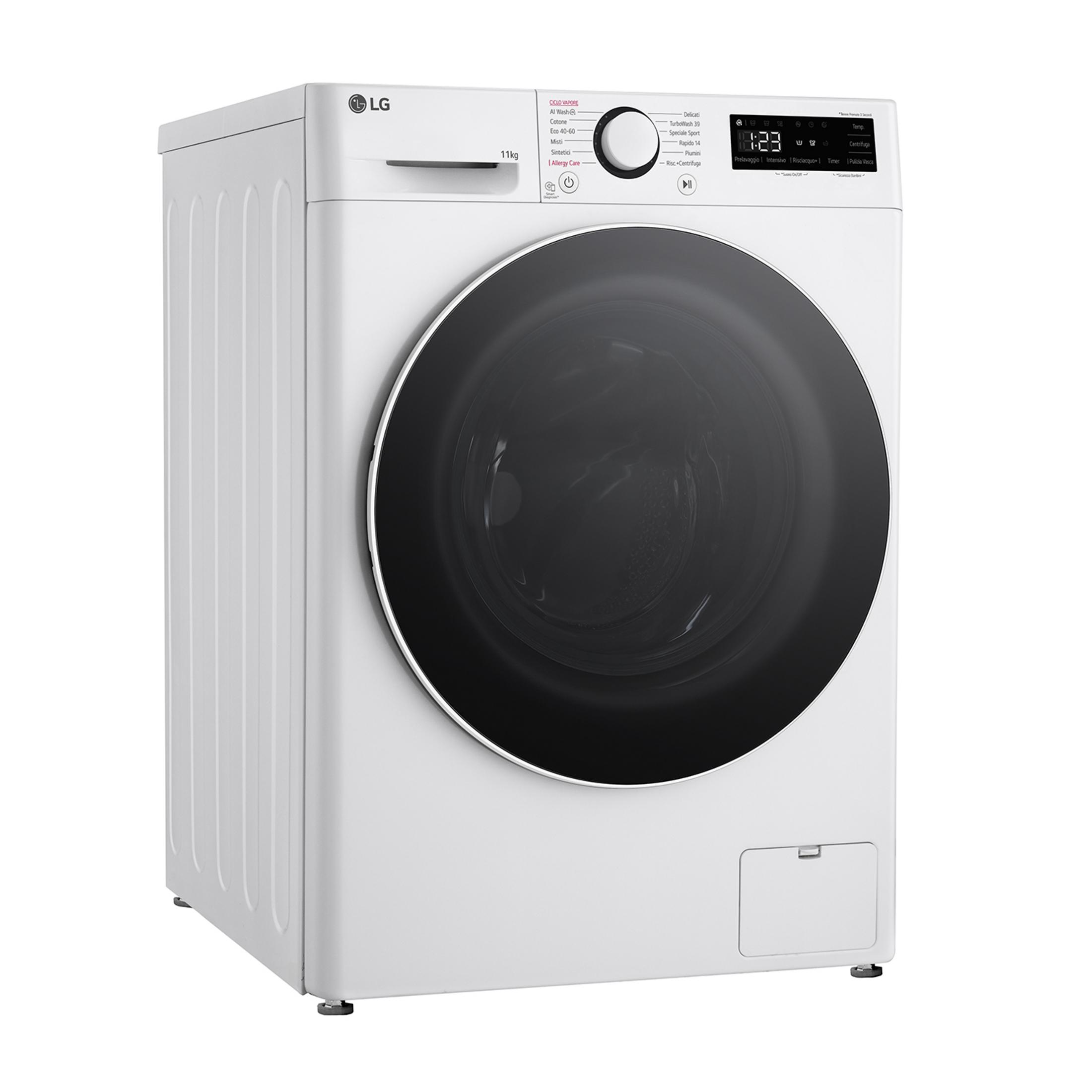 Lavatrice LG bianca con oblò e pannello comandi neri. Capacità 11kg.