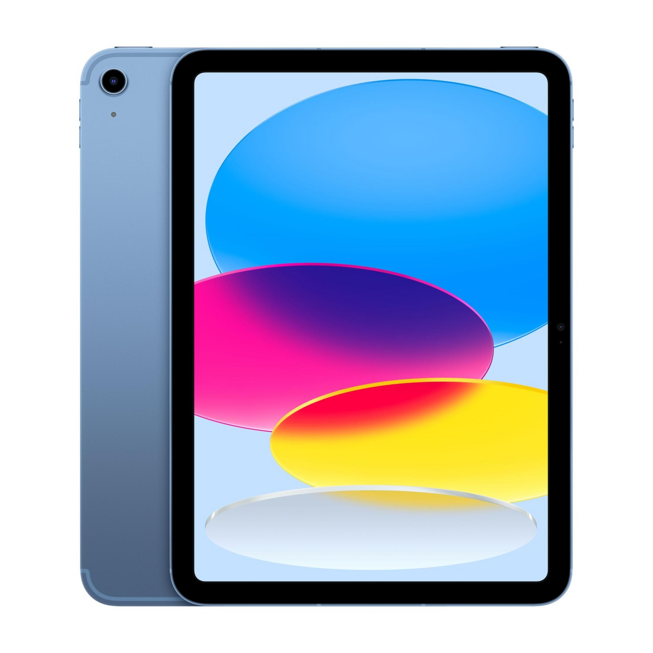 Un tablet blu con uno sfondo colorato visualizzato sullo schermo.