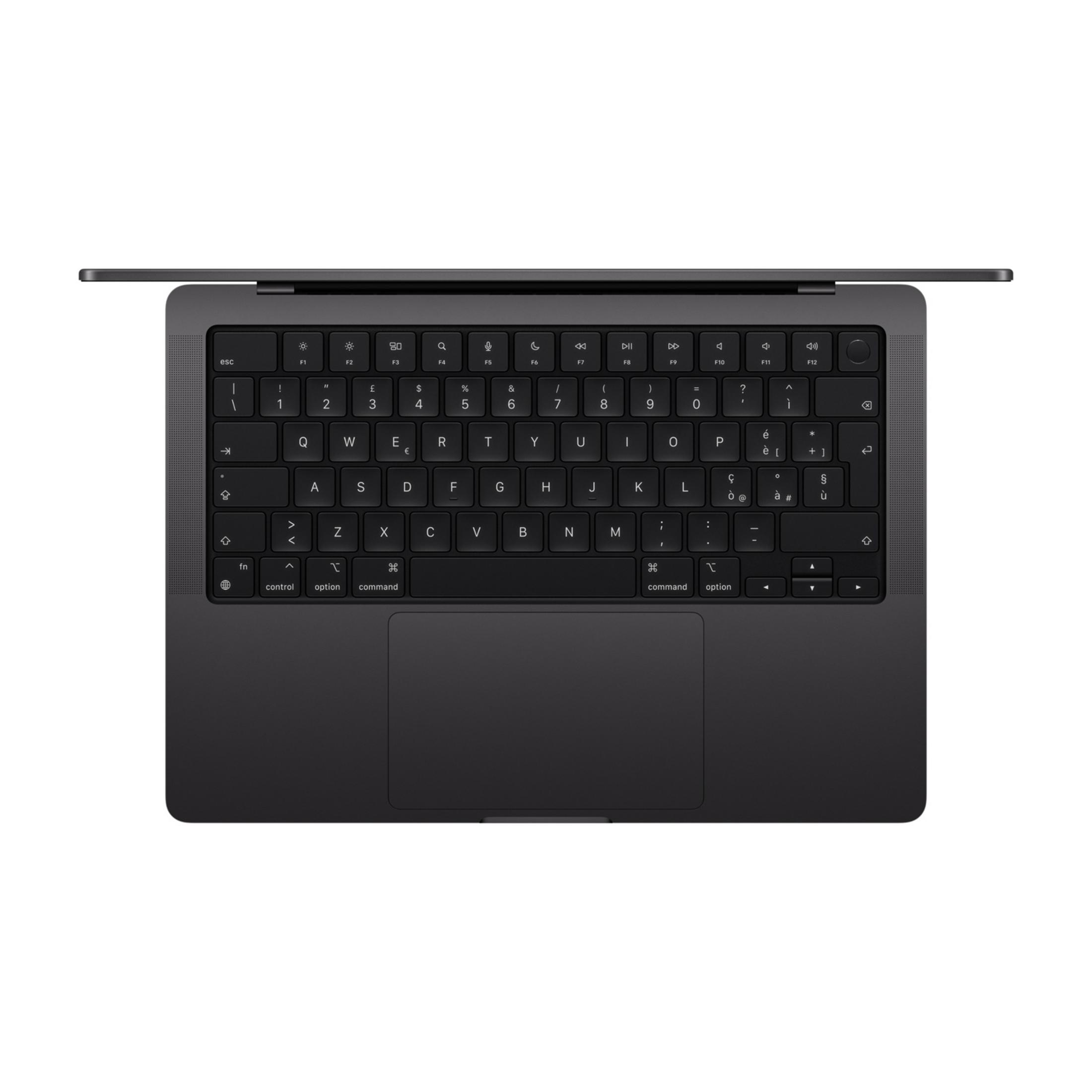 Tastiera laptop grigio scuro con touchpad, vista dall'alto.