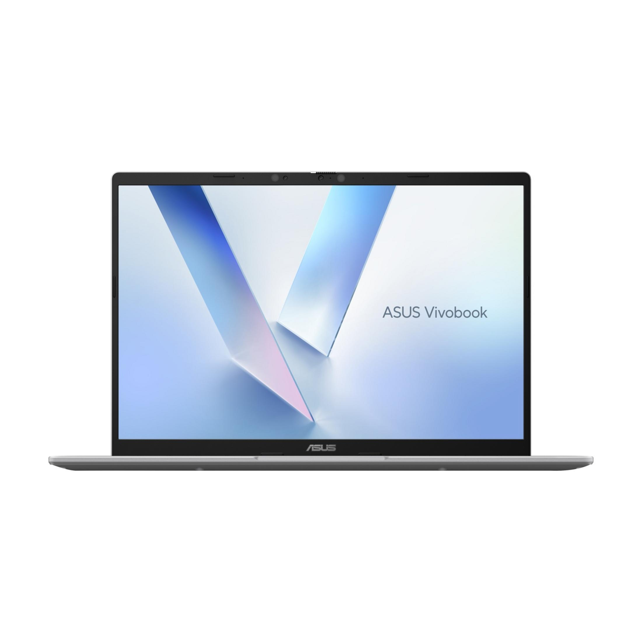 Un laptop Asus Vivobook argentato con lo schermo aperto.