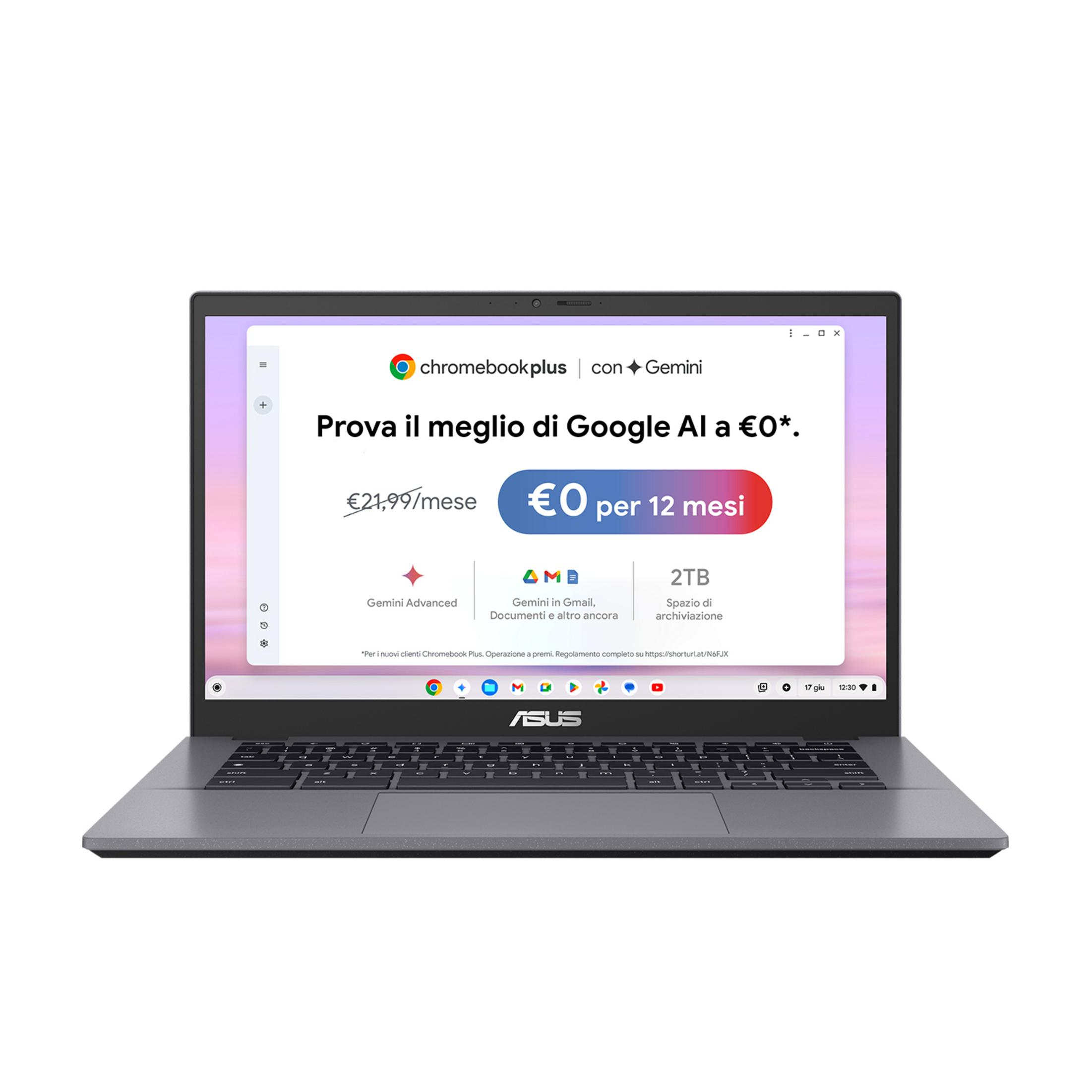 Un Asus Chromebook Plus grigio mostra un'offerta Gemini AI a 0€ per 12 mesi.