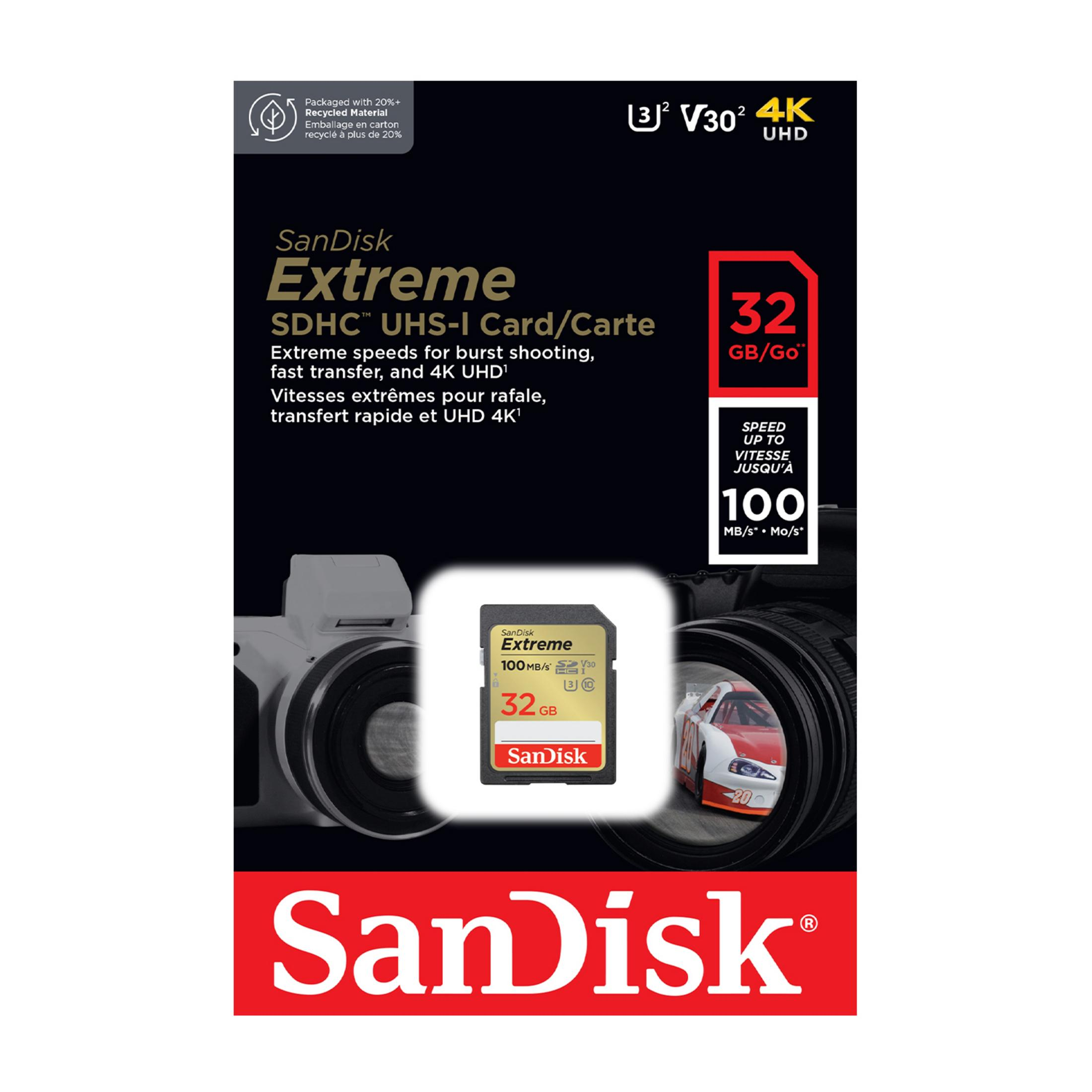 SanDisk Extreme 32GB SDHC kaart, met camera en raceauto-motief.
