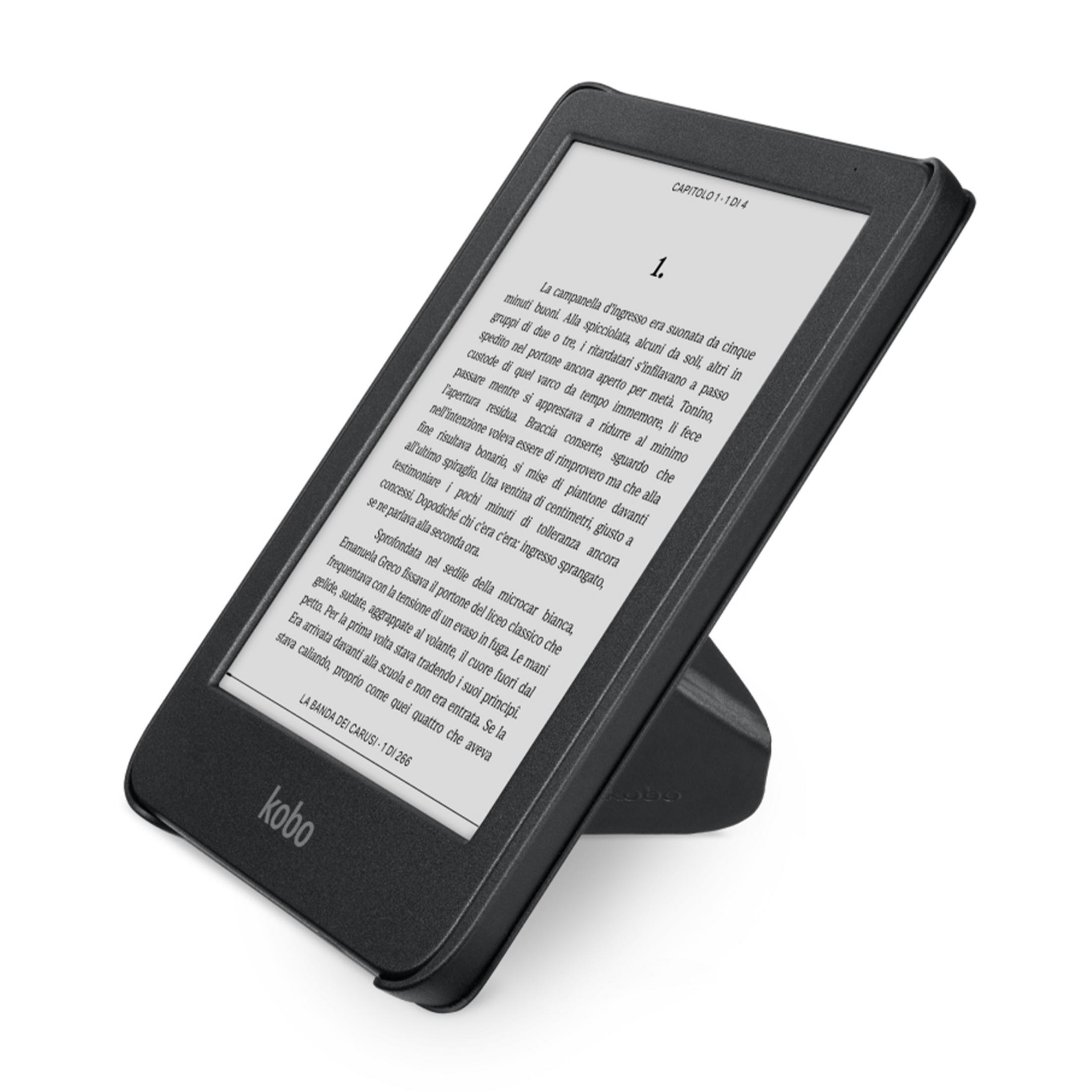 Ekranında metin bulunan siyah bir e-kitap okuyucu, stant üzerinde.