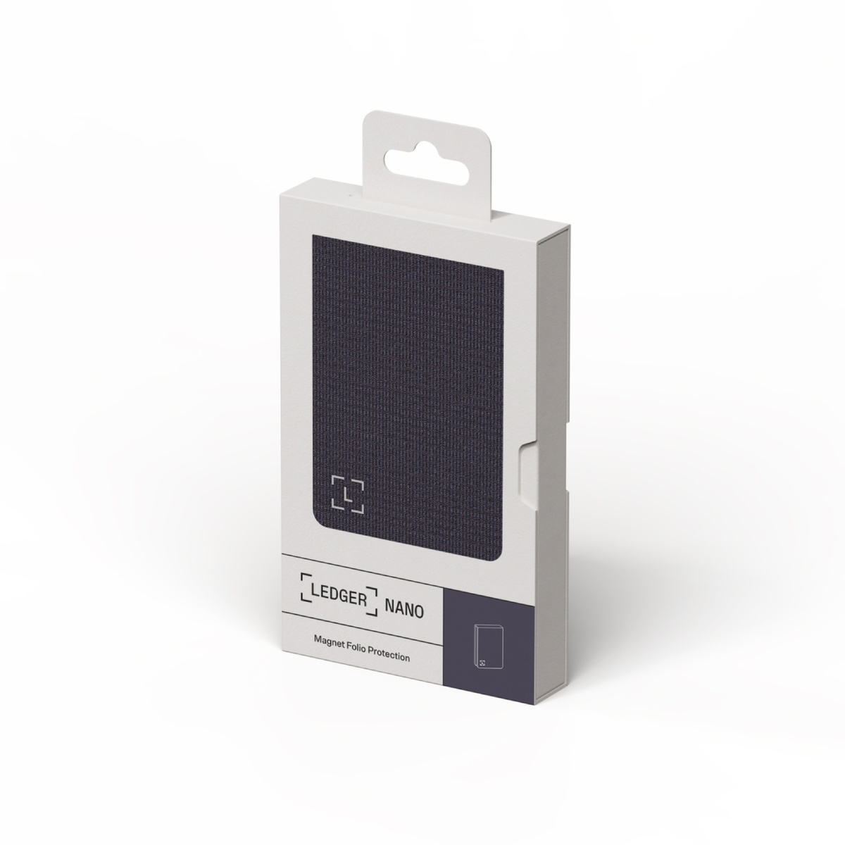Ledger Nano Magnet Folio Protection Verpackung mit dunklem Stoffmuster.