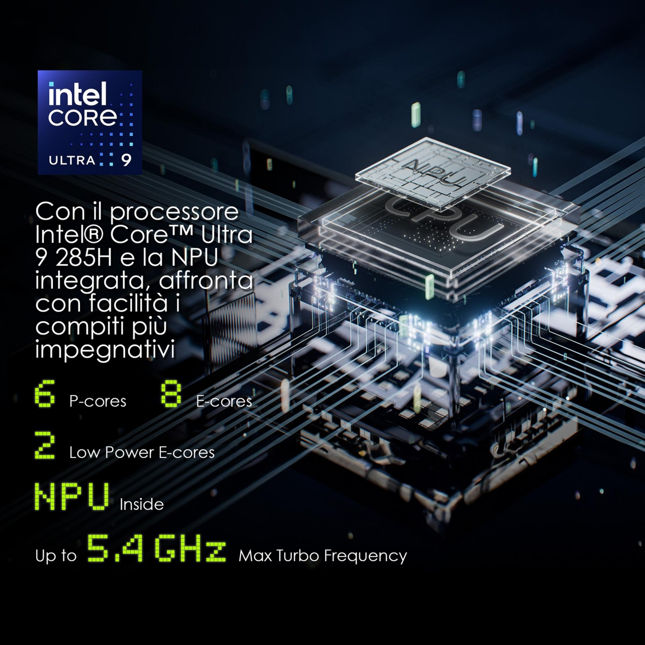 Processore Intel Core Ultra 9 con 6 P-core, 8 E-core, 2 Low Power E-core, NPU, fino a 5,4 GHz.