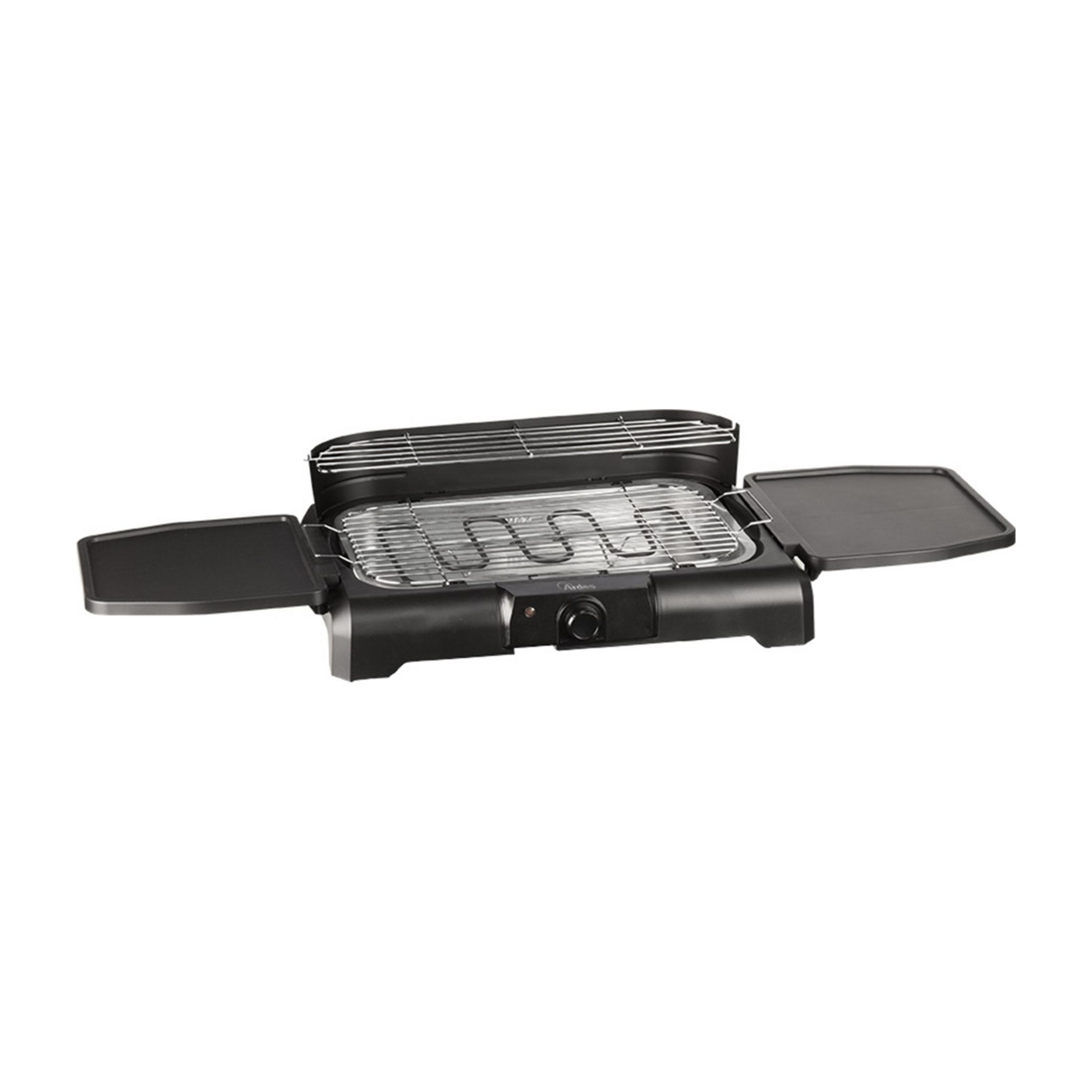 Ein schwarzer Elektrogrill mit zwei Grillflächen und seitlichen Ablagen.
