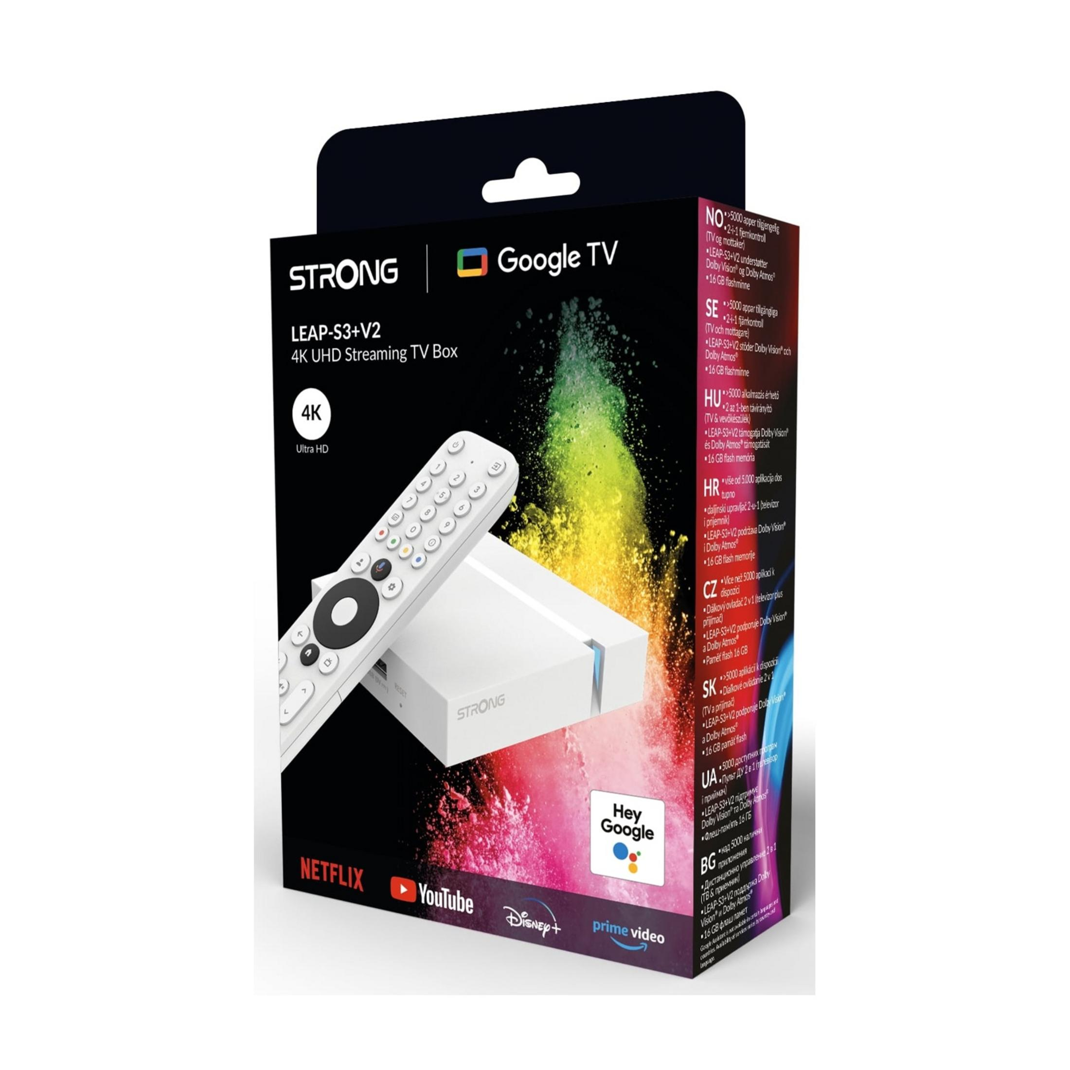 Box streaming Strong LEAP-S3+V2 4K UHD con telecomando e Google TV.
