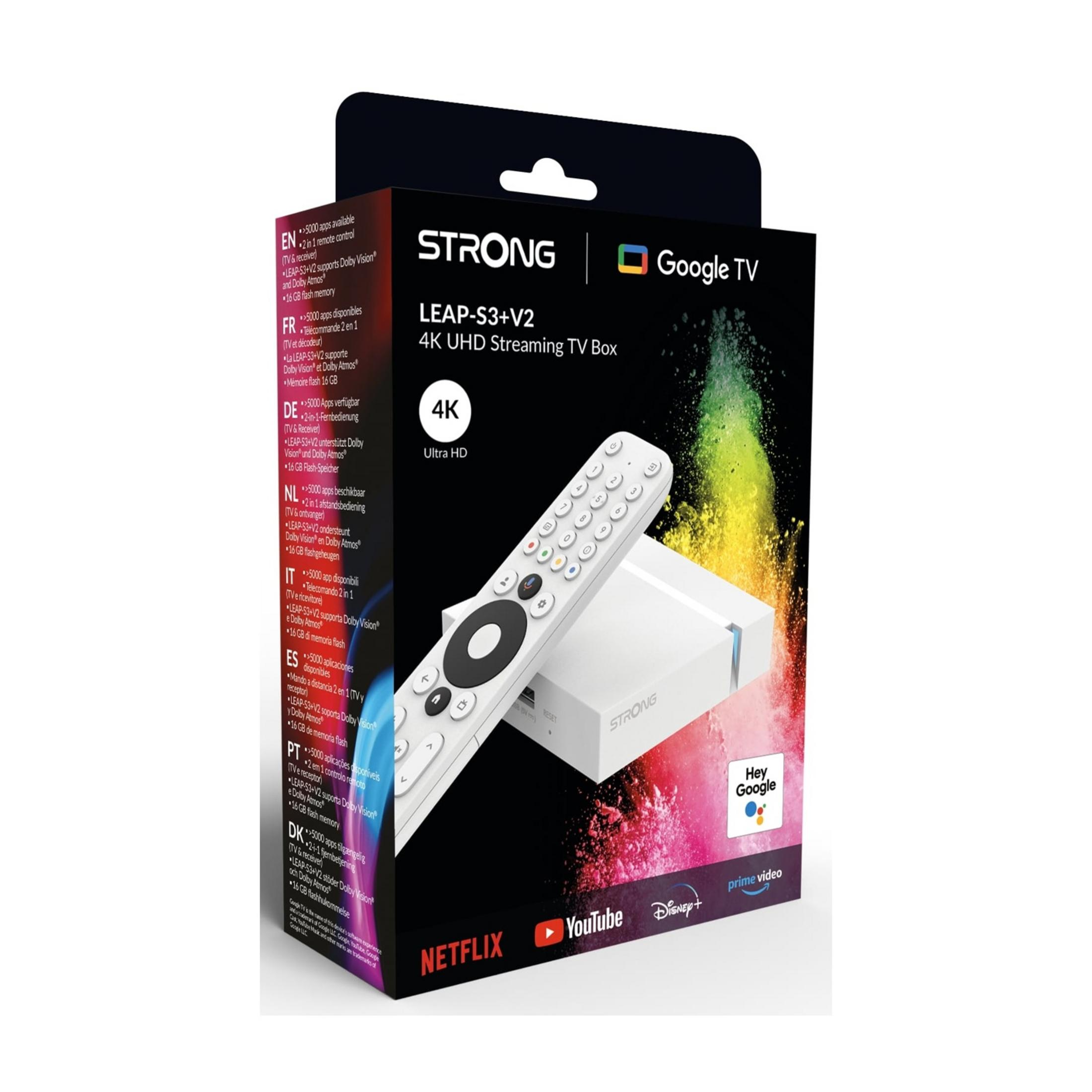Una scatola per streaming 4K UHD con telecomando e Google TV.