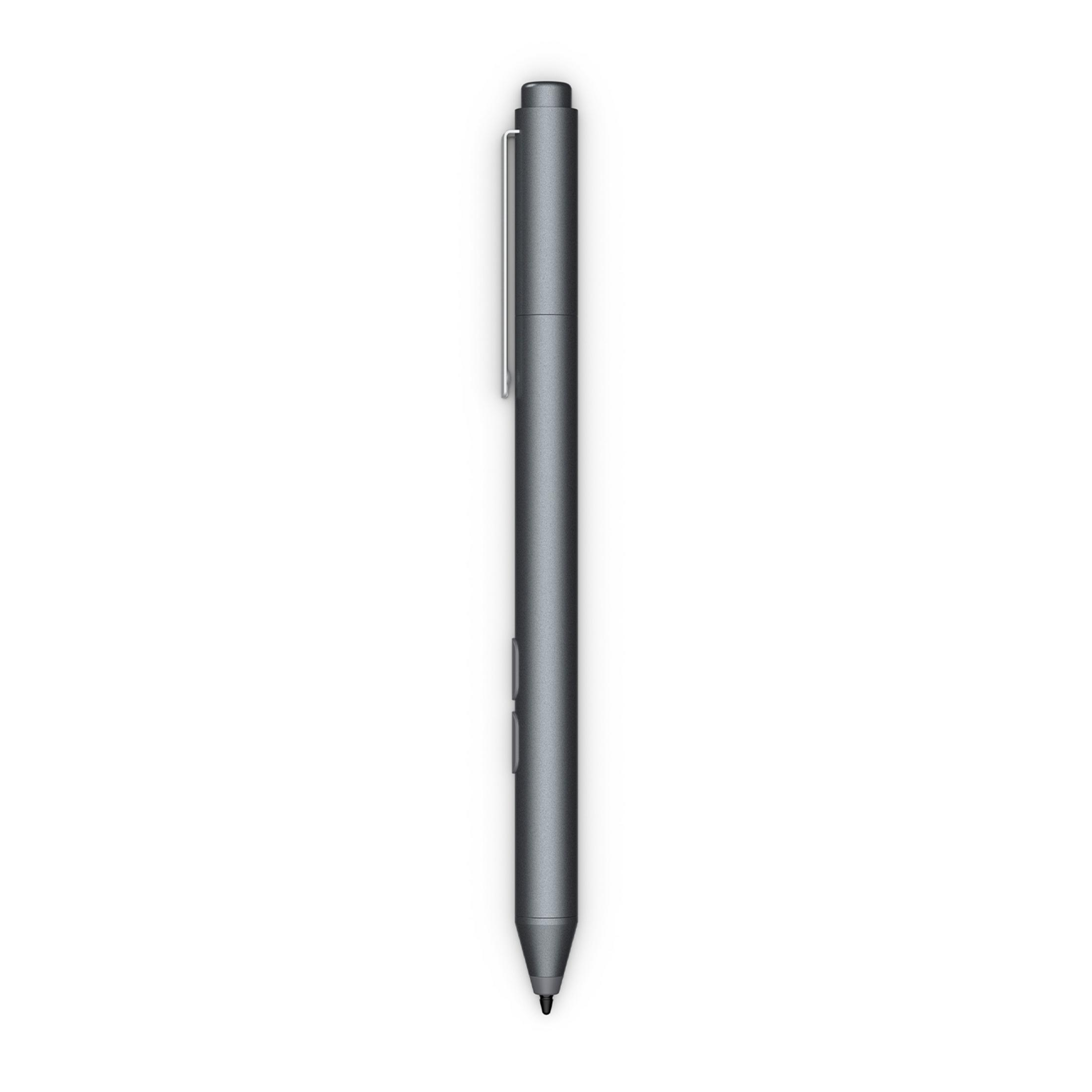 Grijze pen met clip en knoppen op witte achtergrond.