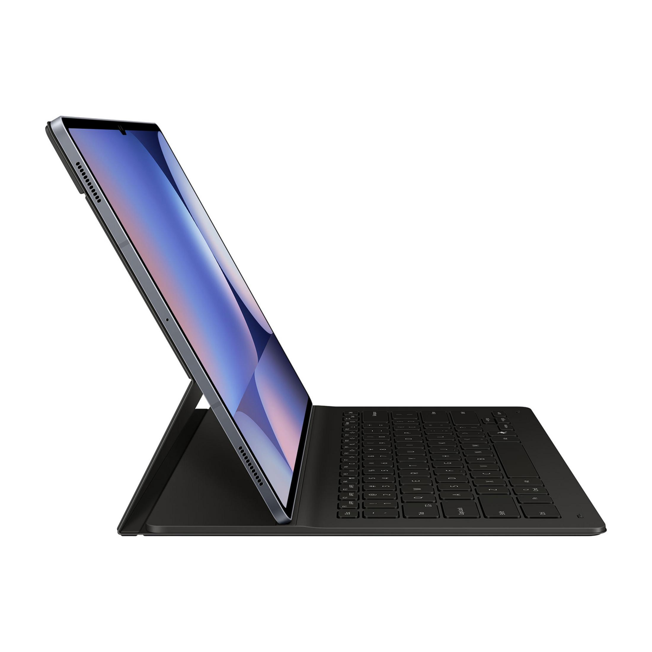 Ein silbernes Tablet mit Tastaturständer, seitlich aufgenommen.
