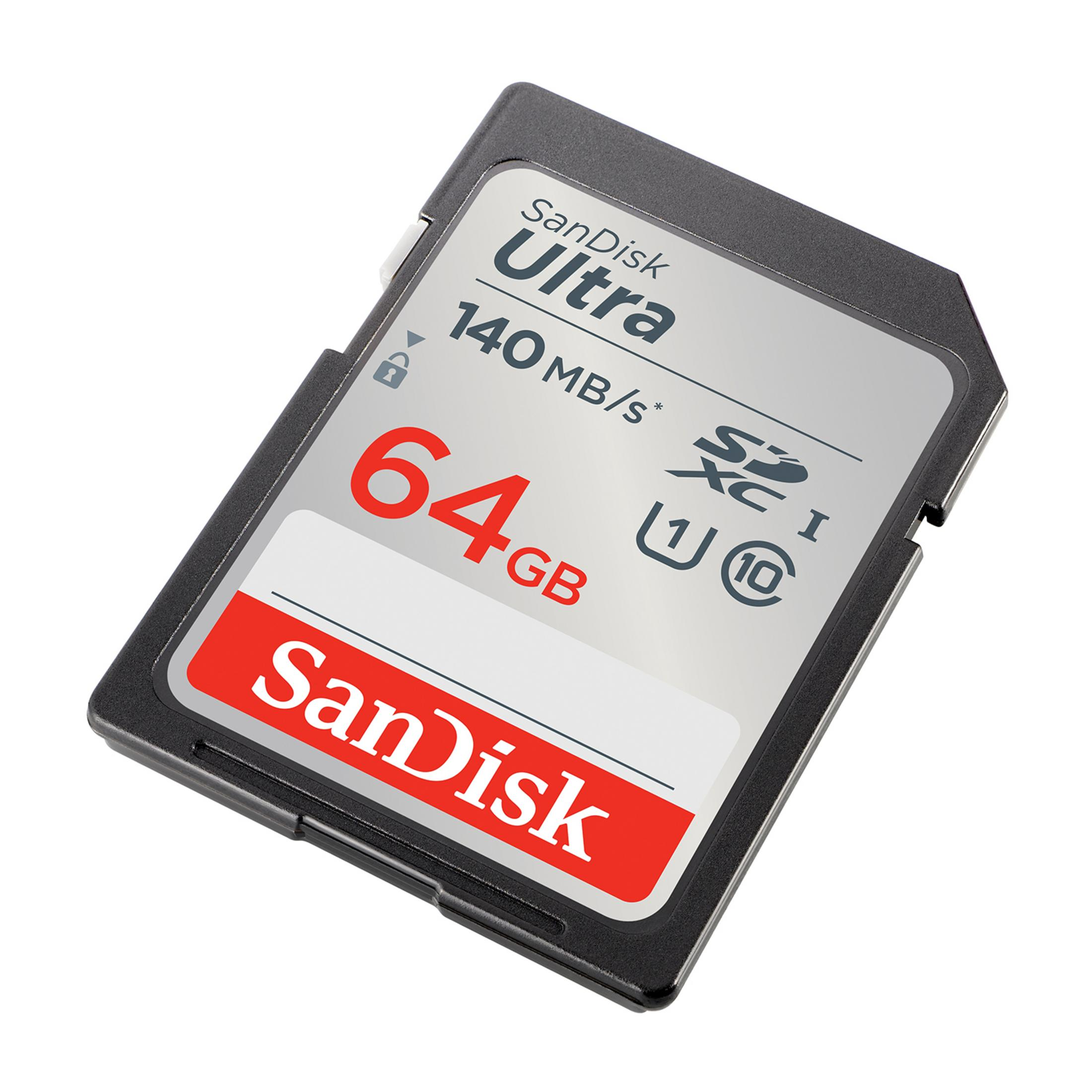 SanDisk Ultra 64GB SDXC Speicherkarte mit 140 MB/s Lesegeschwindigkeit.