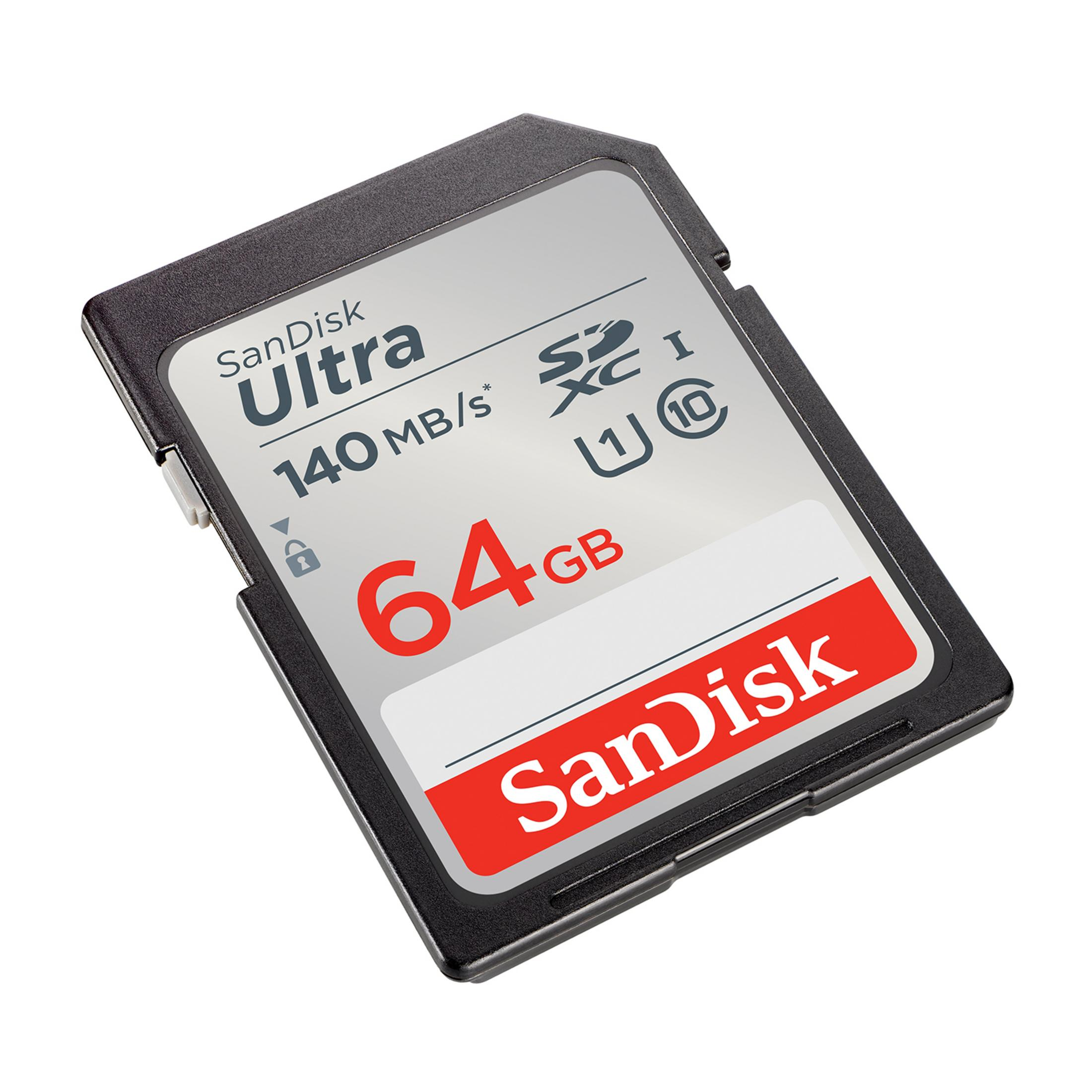 SanDisk Ultra 64GB SDXC Speicherkarte mit 140 MB/s, auf weißem Hintergrund.