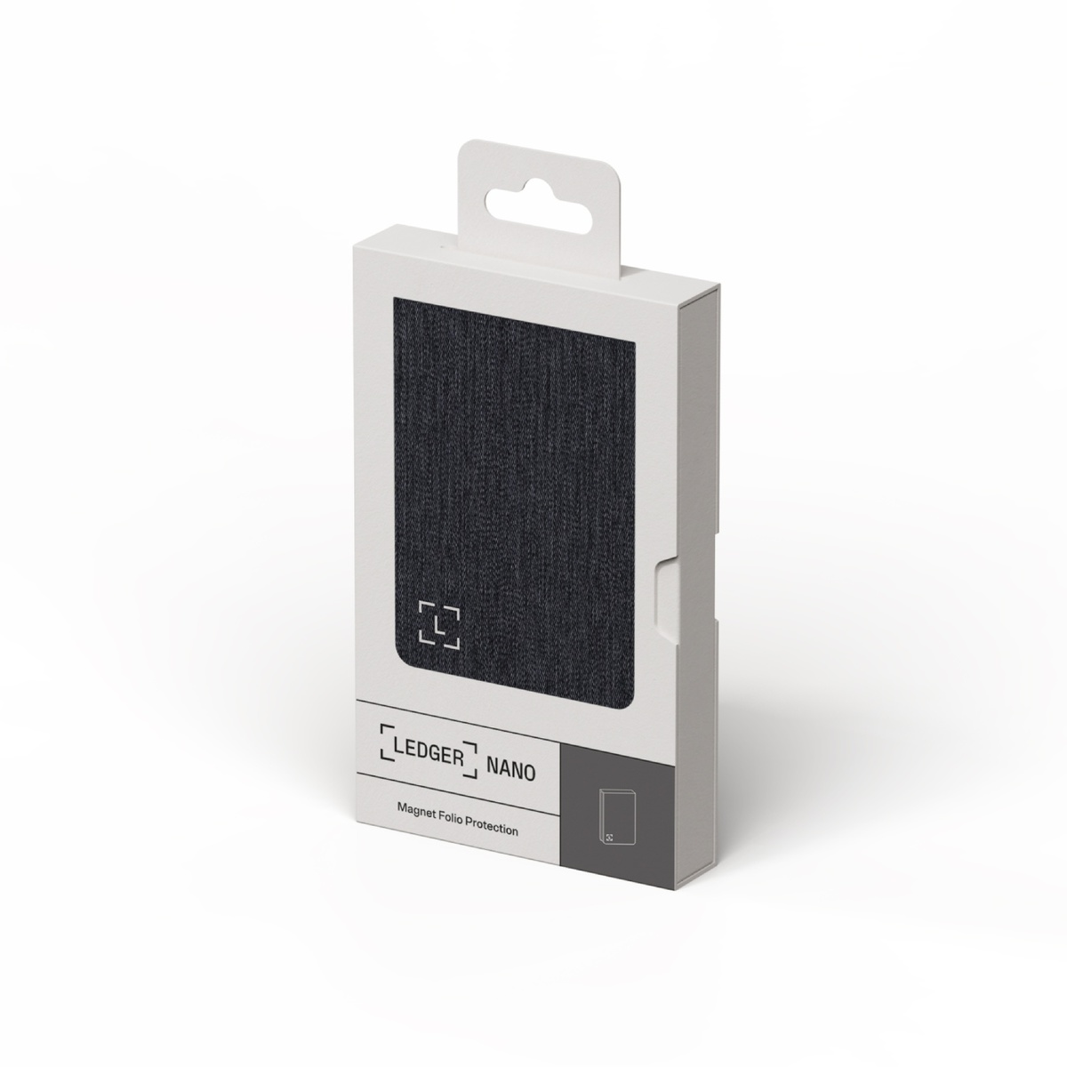 Ledger Nano magneetfolio beschermverpakking met donkere, gestructureerde voorkant.