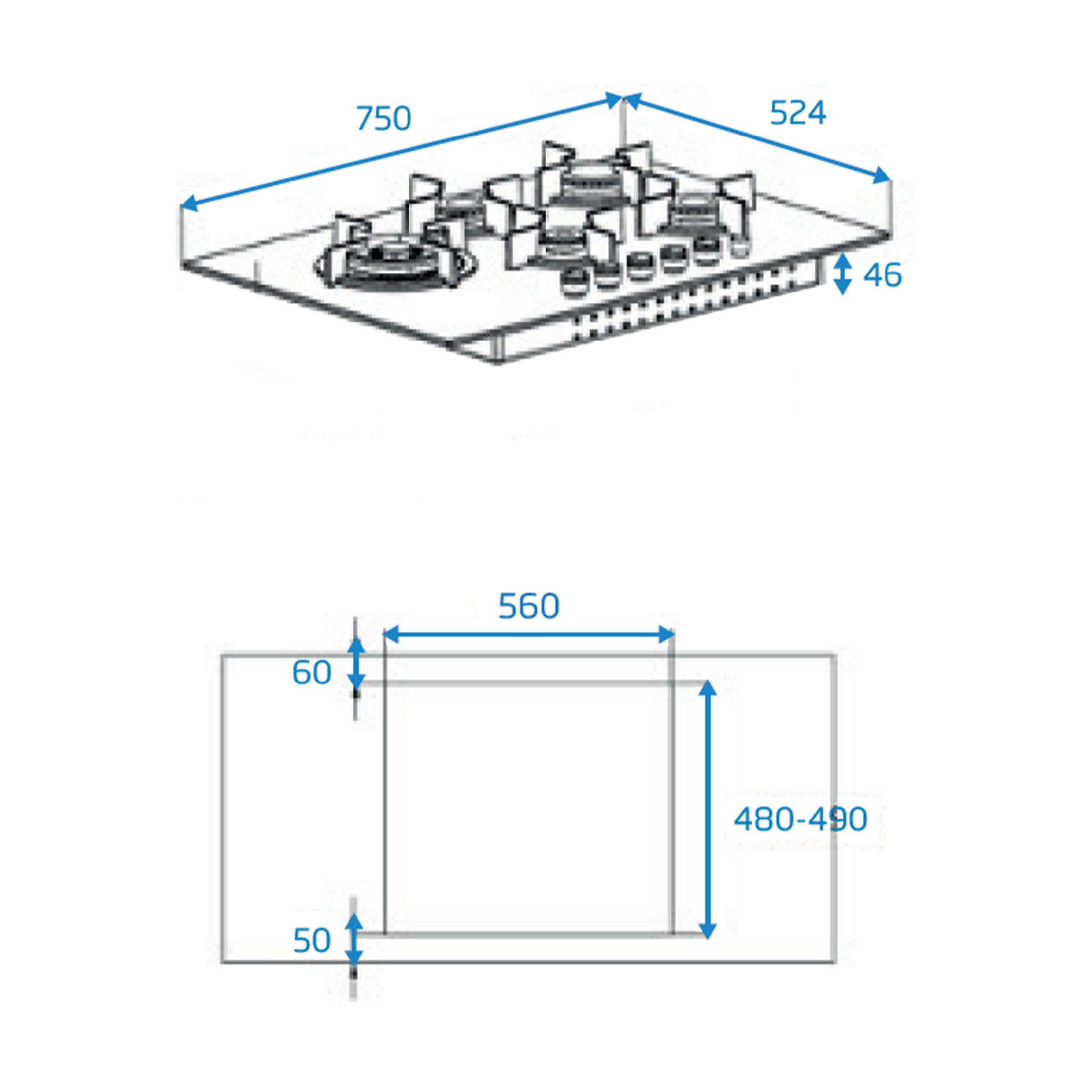 Placa de gas con dimensiones 750x524x46 mm y medidas de corte 560x480-490 mm.