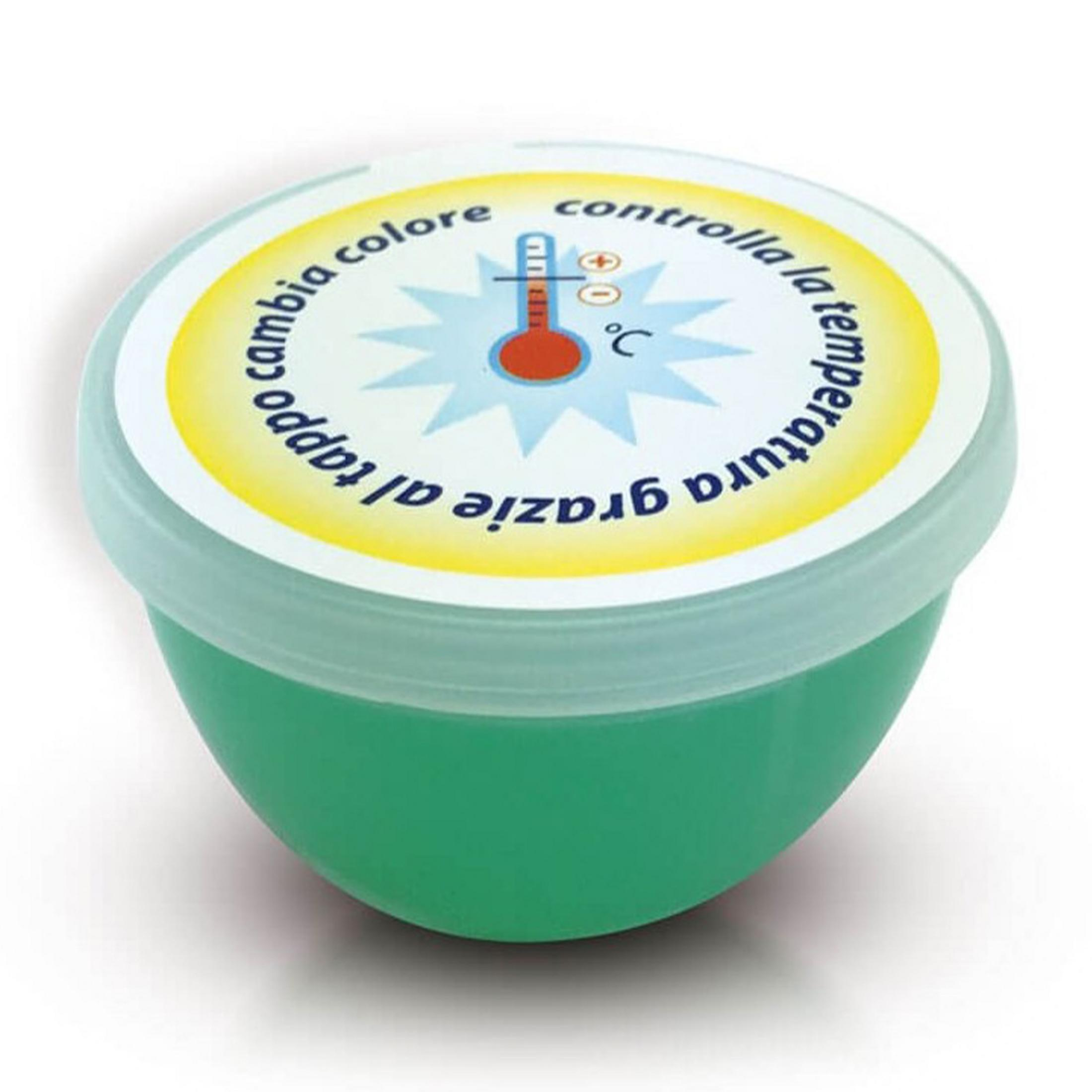 Zielony pojemnik z ikoną termometru i tekstem 'cambia colore controlla la temperatura'.