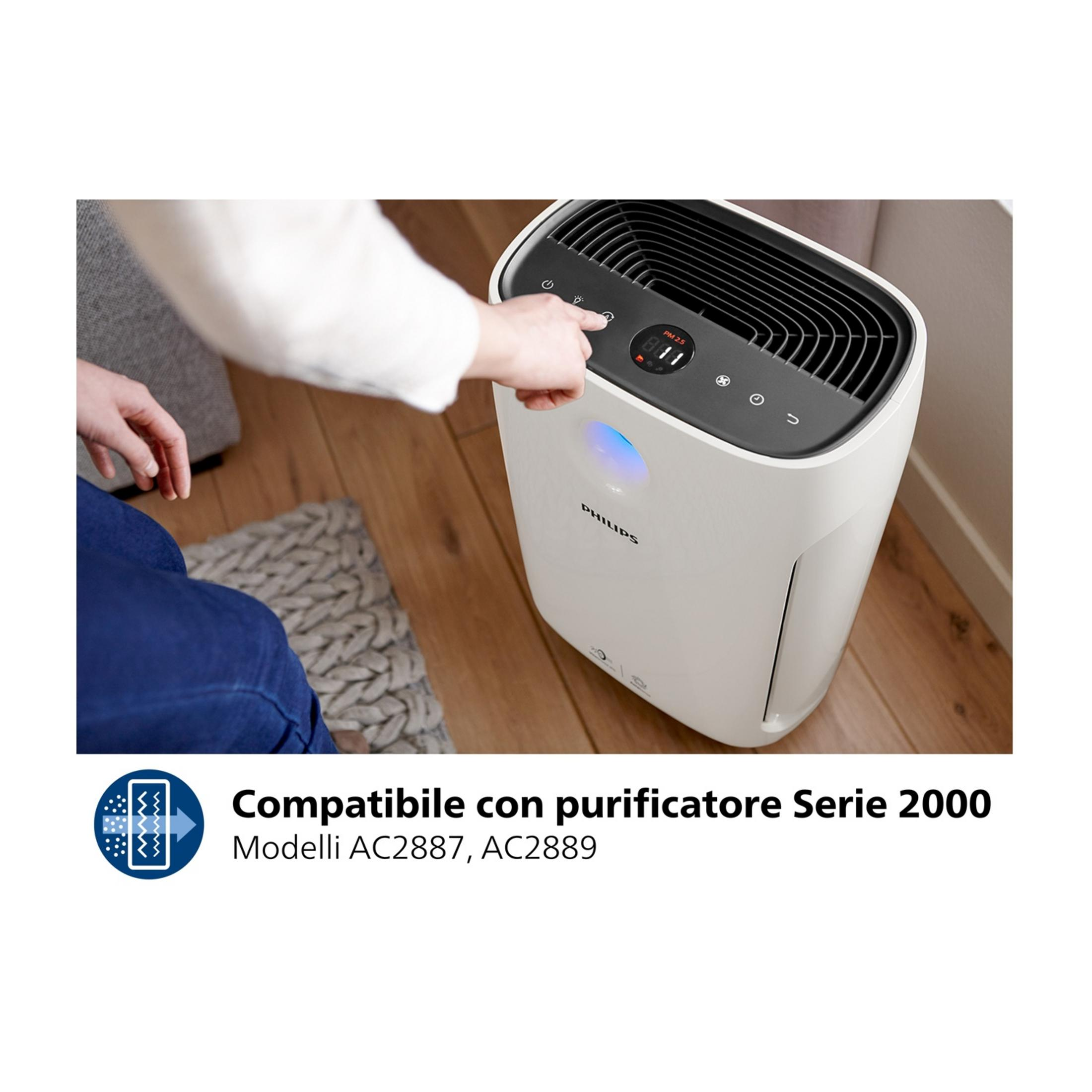 Una mano opera un purificador de aire Philips blanco con pantalla digital.