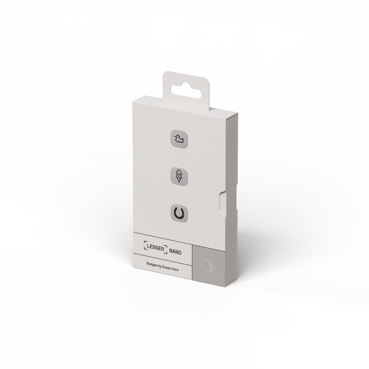 Emballage blanc avec logo Ledger Nano et trois icônes : canard, glace, fer à cheval.