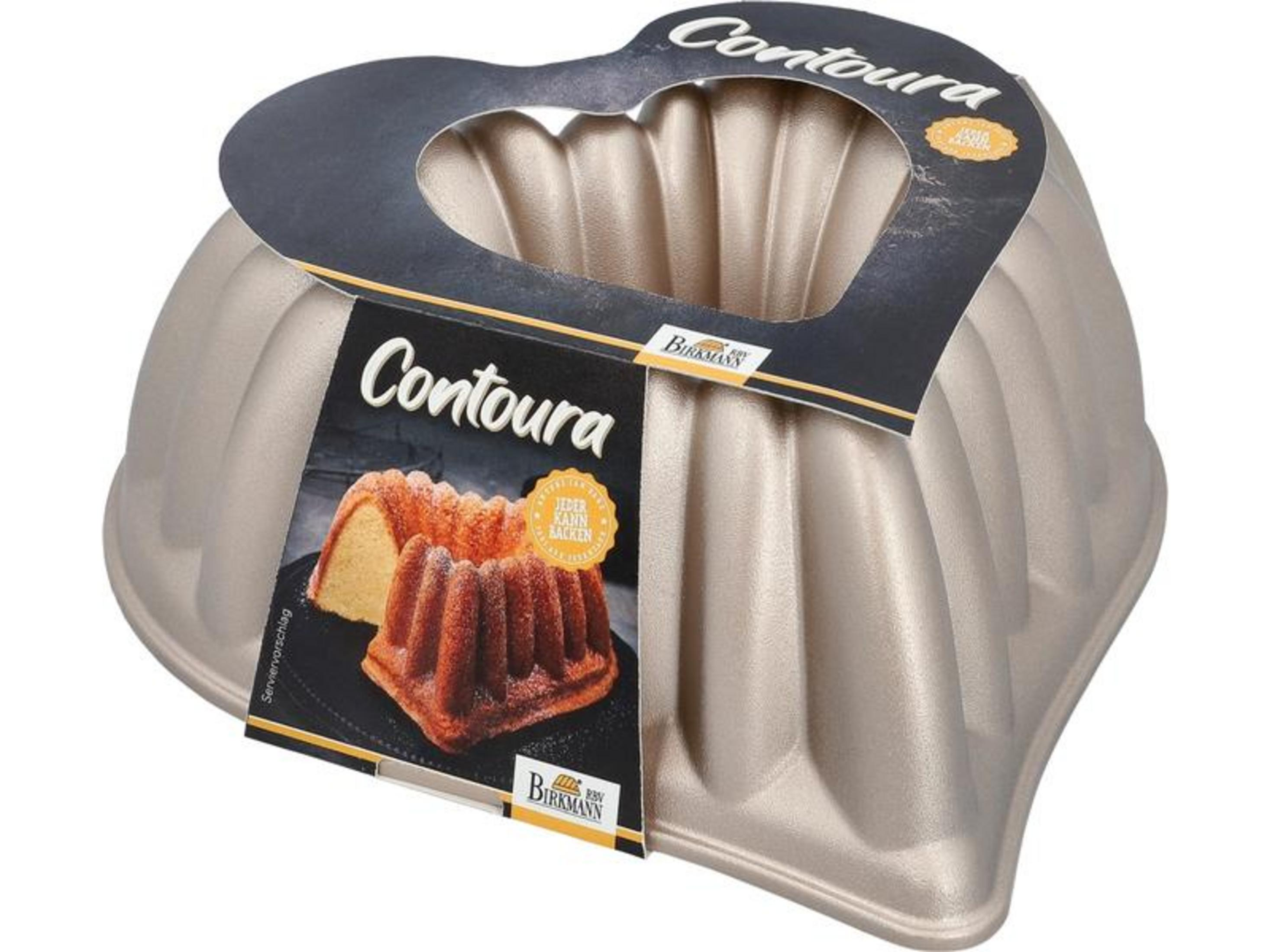 Herzförmige Gugelhupfform aus Metall mit Rillen, zeigt ein Bild von Kuchen.