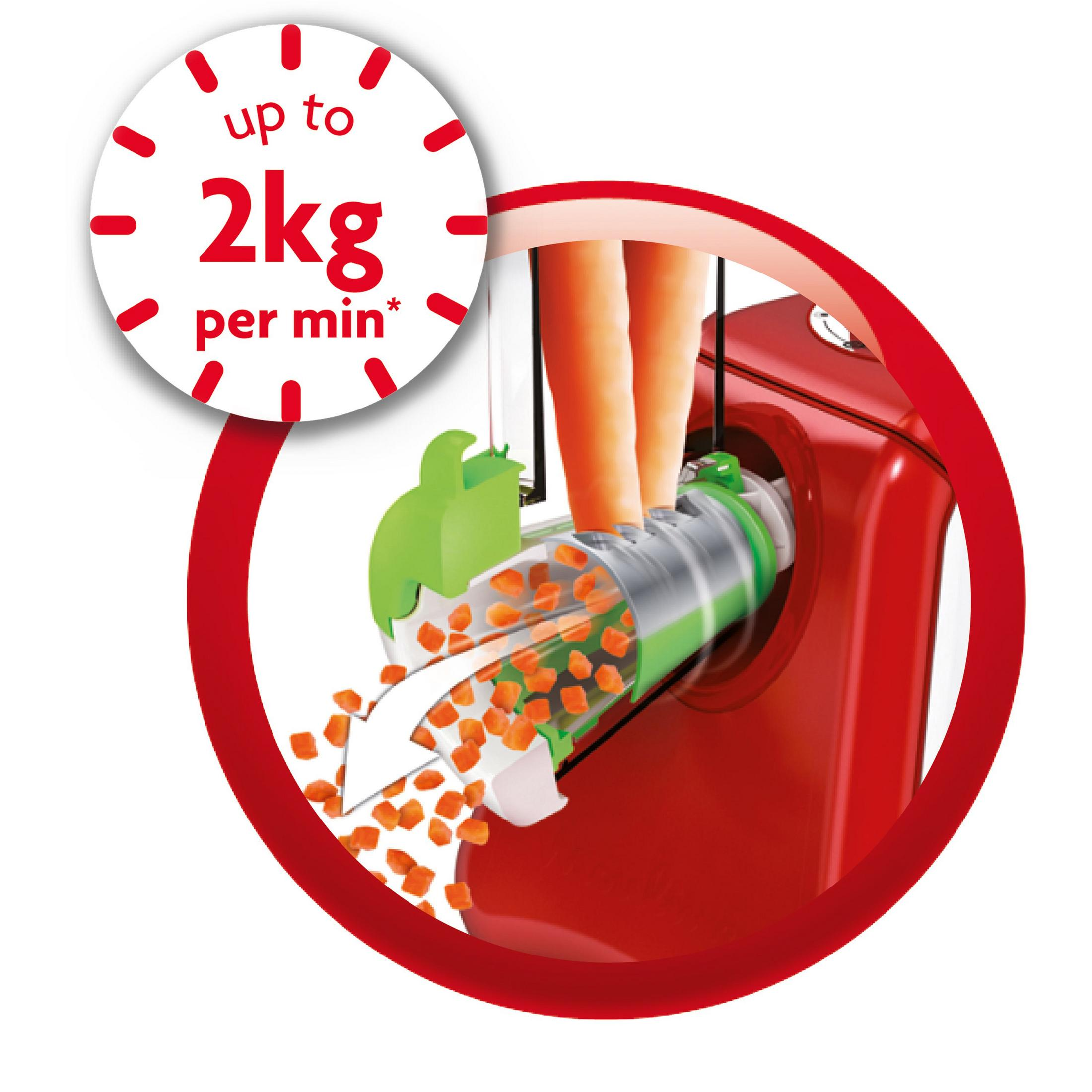 Carote tagliate a cubetti in un apparecchio rosso, fino a 2kg/min.