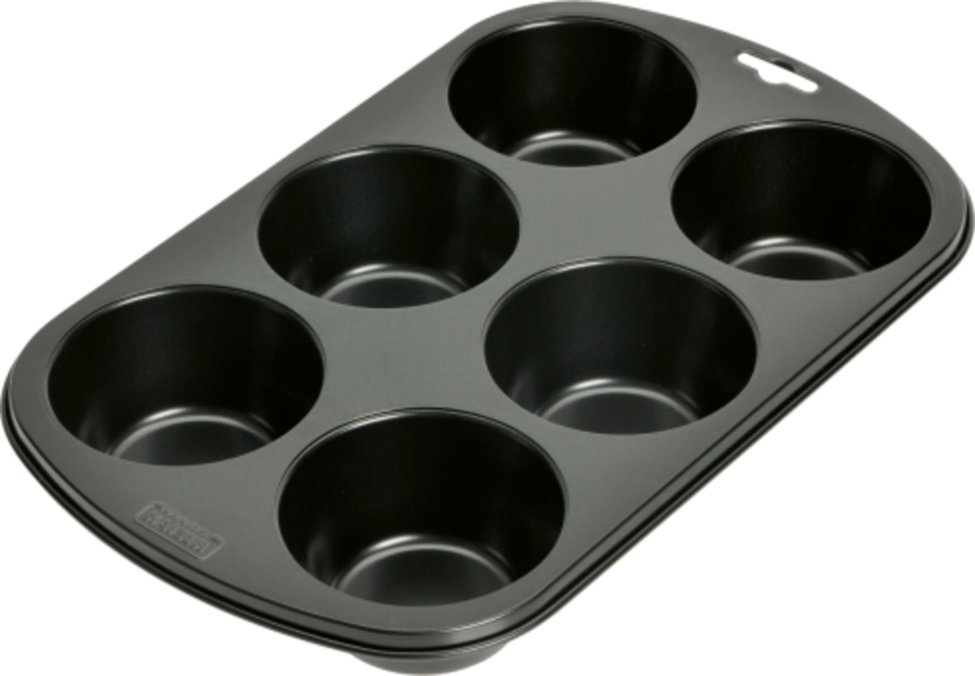 Eine schwarze Backform für sechs Muffins mit runden Vertiefungen.