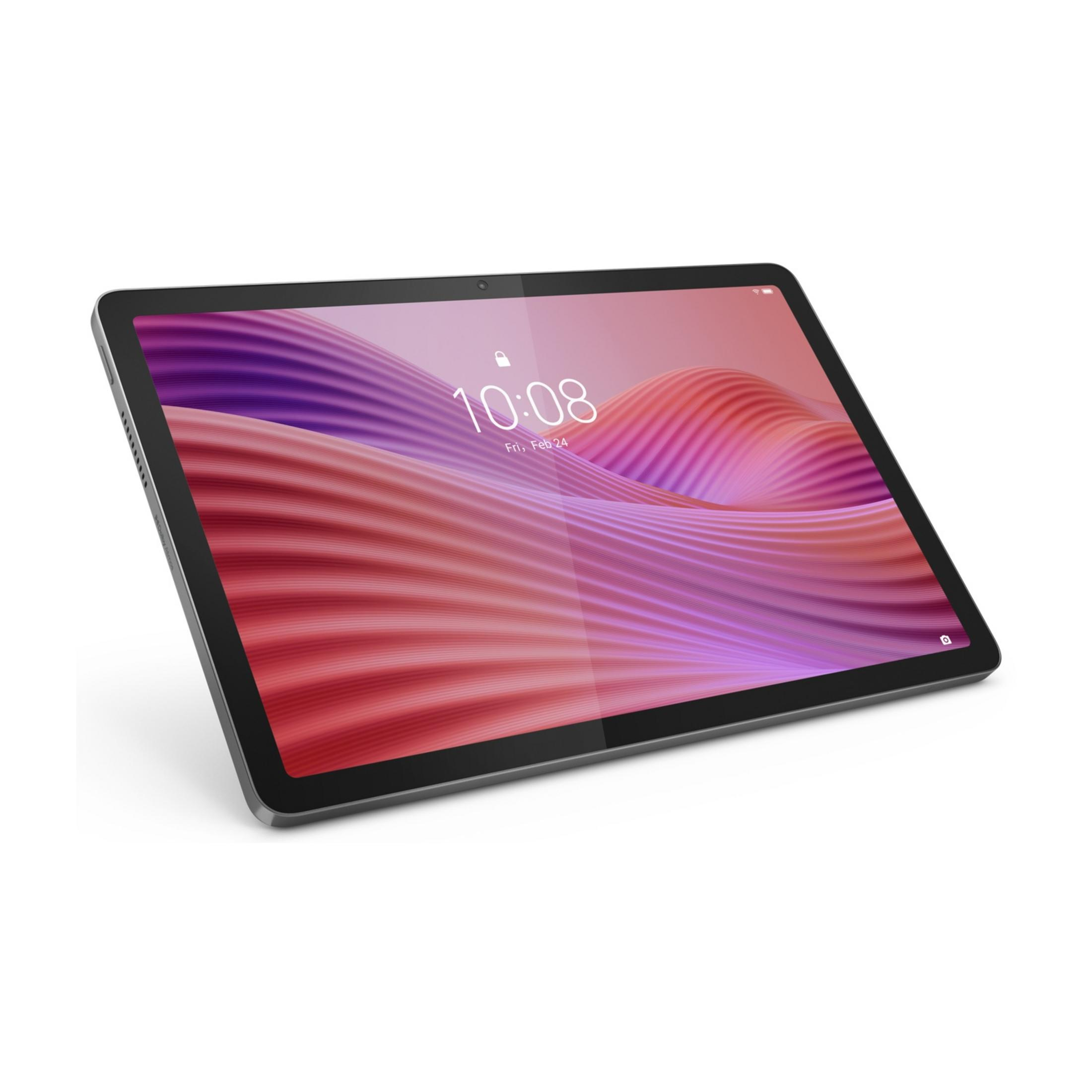 Tablet wyświetlający na ekranie falisty wzór w kolorze czerwonym i fioletowym.